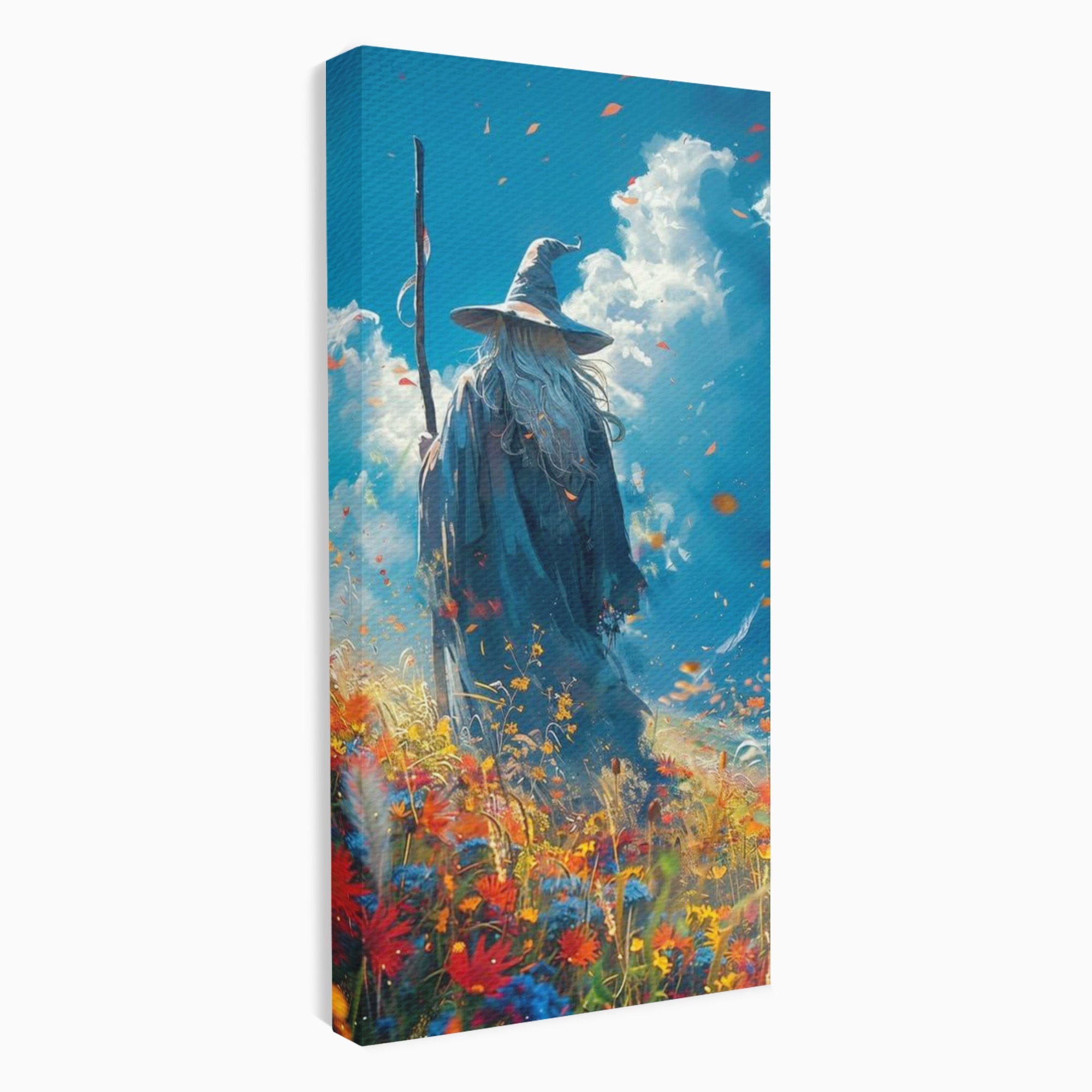 Tablou Canvas Premium LuxCanva® PI1212, Vrajitorul Pe Campul Inflorit, Toiag, Palarie, Flori, Fantezie, Living, Culori Vibrante