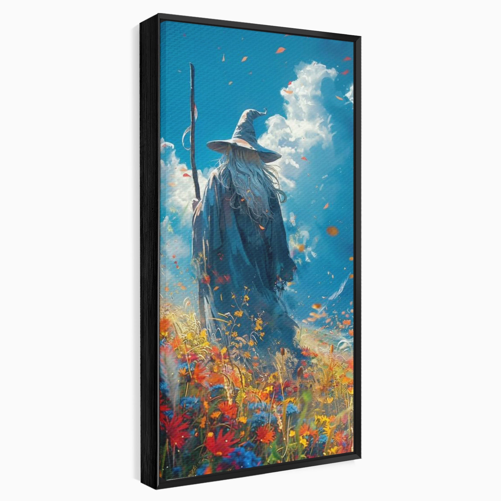 Tablou Canvas Premium LuxCanva® PI1212, Vrajitorul Pe Campul Inflorit, Toiag, Palarie, Flori, Fantezie, Living, Culori Vibrante