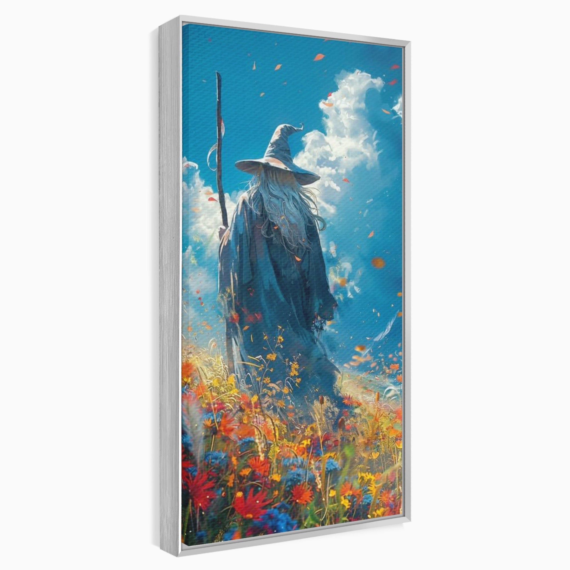 Tablou Canvas Premium LuxCanva® PI1212, Vrajitorul Pe Campul Inflorit, Toiag, Palarie, Flori, Fantezie, Living, Culori Vibrante