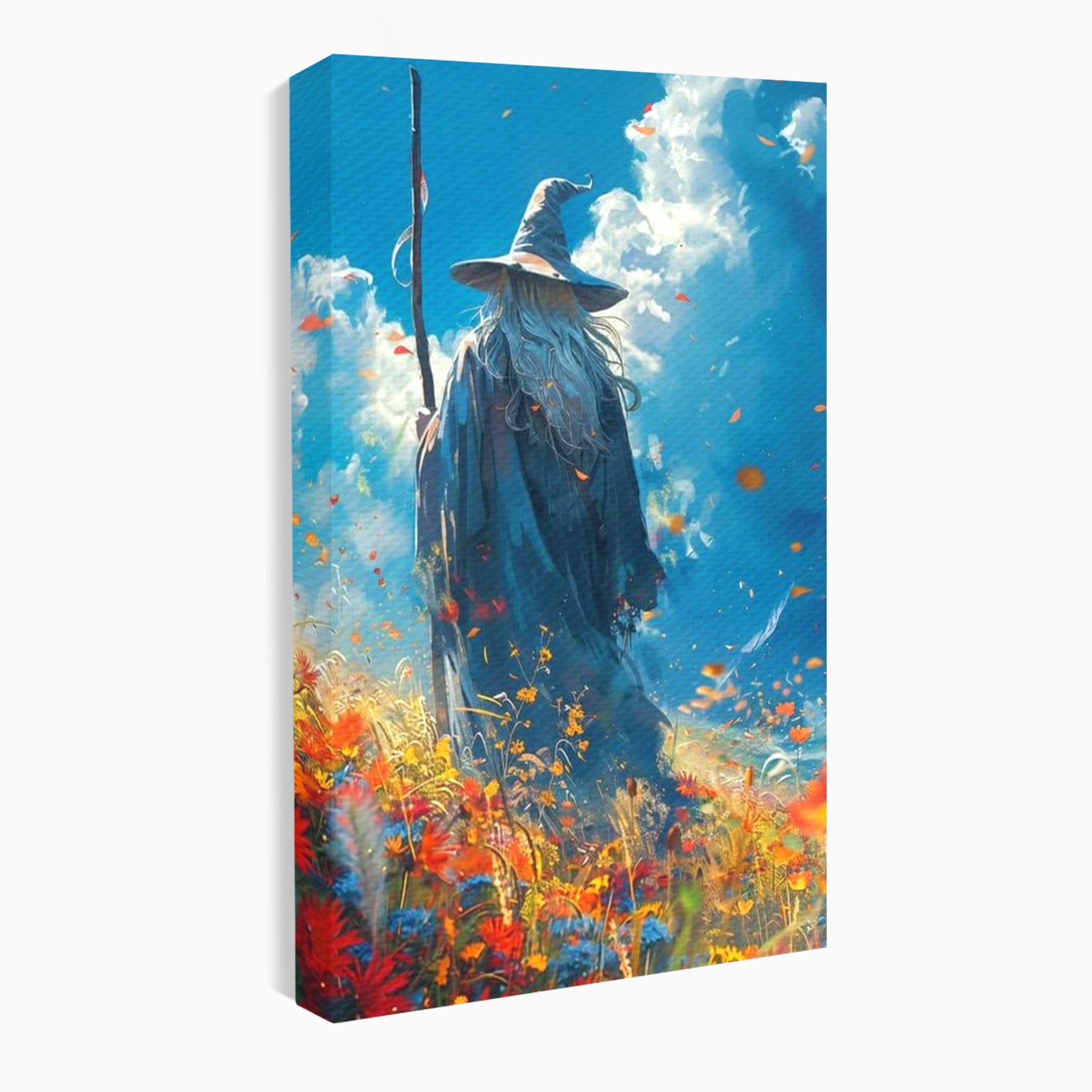 Tablou Canvas Premium LuxCanva® PI1212, Vrajitorul Pe Campul Inflorit, Toiag, Palarie, Flori, Fantezie, Living, Culori Vibrante