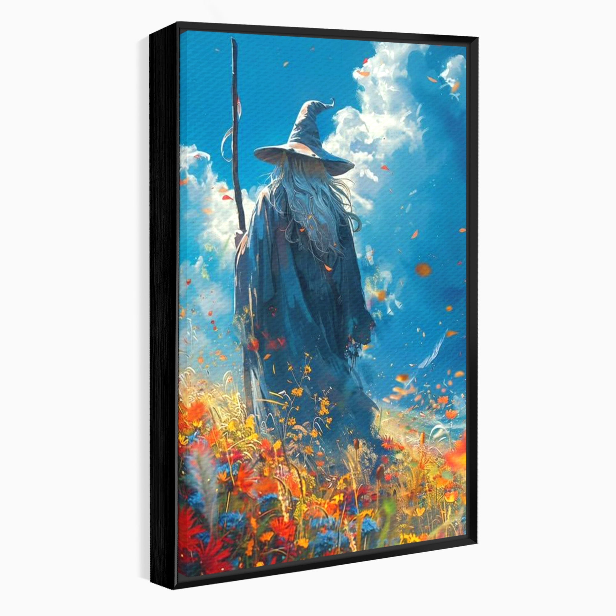 Tablou Canvas Premium LuxCanva® PI1212, Vrajitorul Pe Campul Inflorit, Toiag, Palarie, Flori, Fantezie, Living, Culori Vibrante