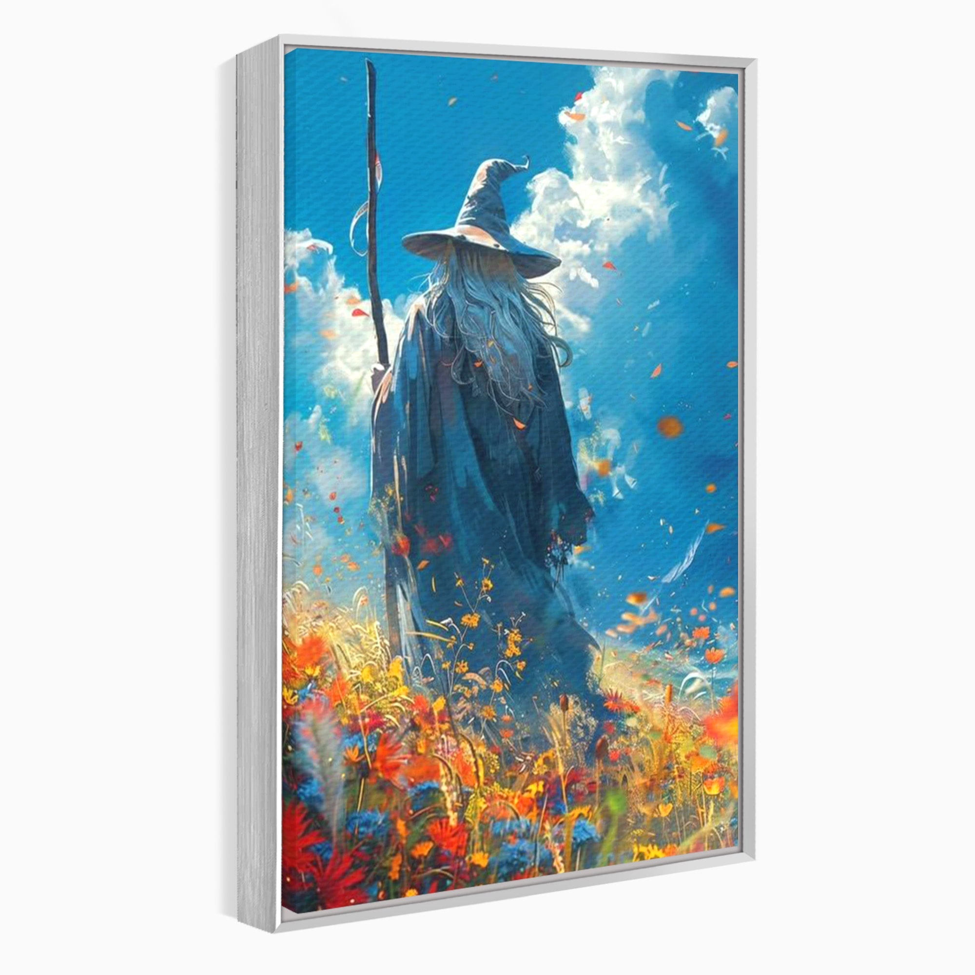 Tablou Canvas Premium LuxCanva® PI1212, Vrajitorul Pe Campul Inflorit, Toiag, Palarie, Flori, Fantezie, Living, Culori Vibrante
