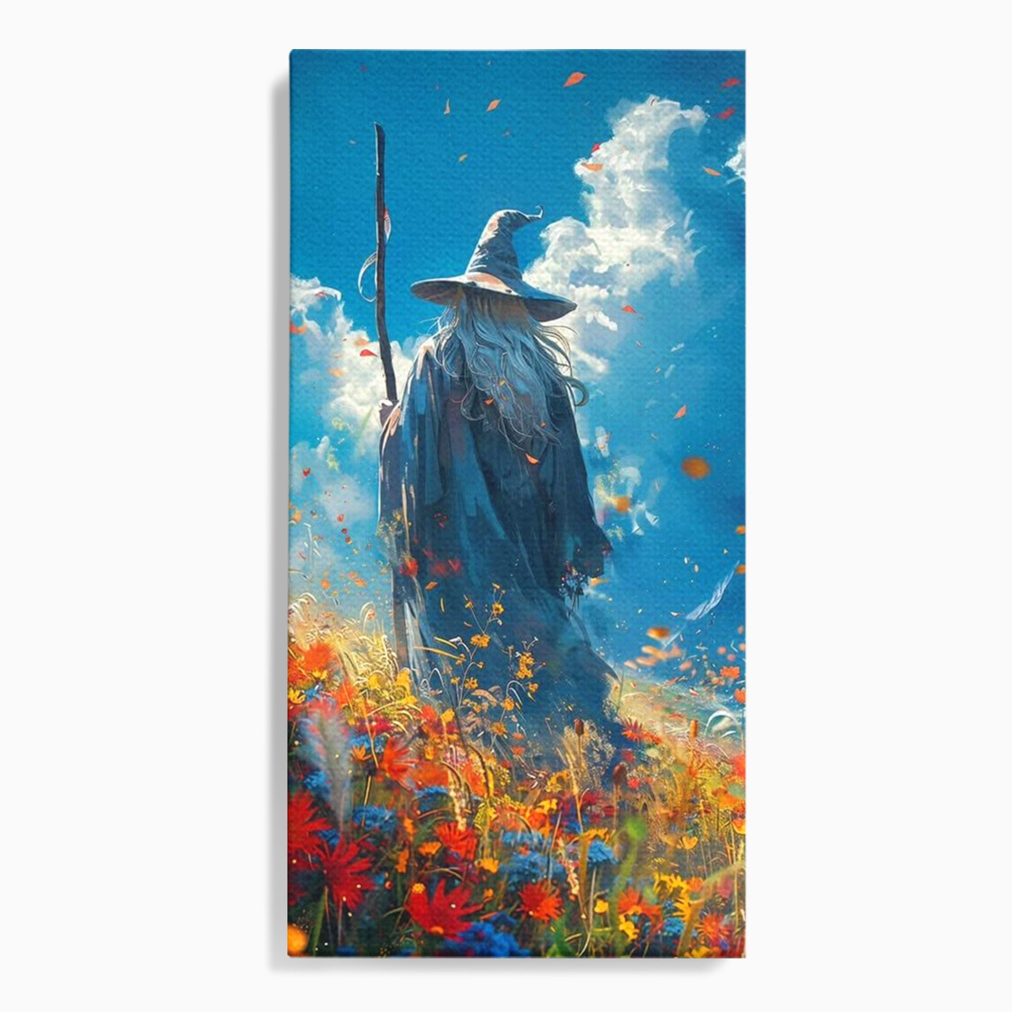 Tablou Canvas Premium LuxCanva® PI1212, Vrajitorul Pe Campul Inflorit, Toiag, Palarie, Flori, Fantezie, Living, Culori Vibrante