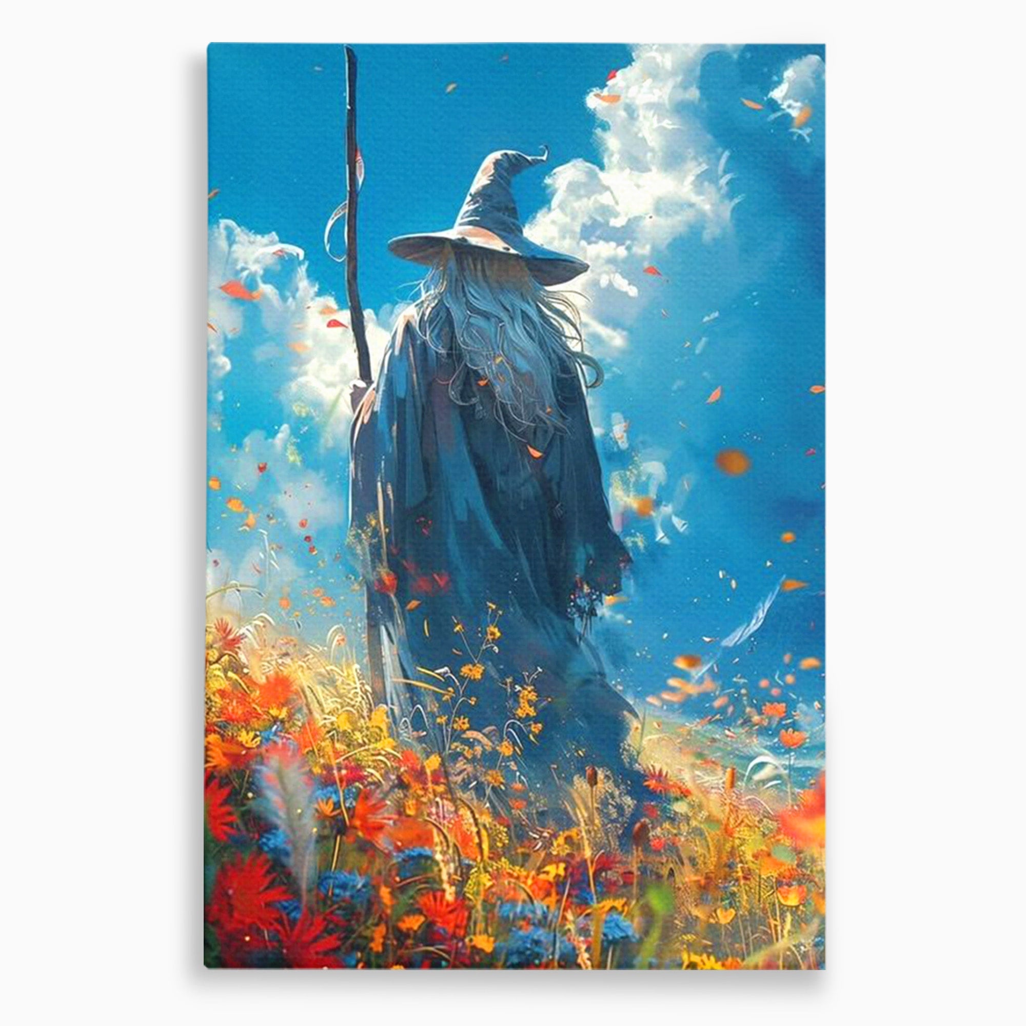 Tablou Canvas Premium LuxCanva® PI1212, Vrajitorul Pe Campul Inflorit, Toiag, Palarie, Flori, Fantezie, Living, Culori Vibrante