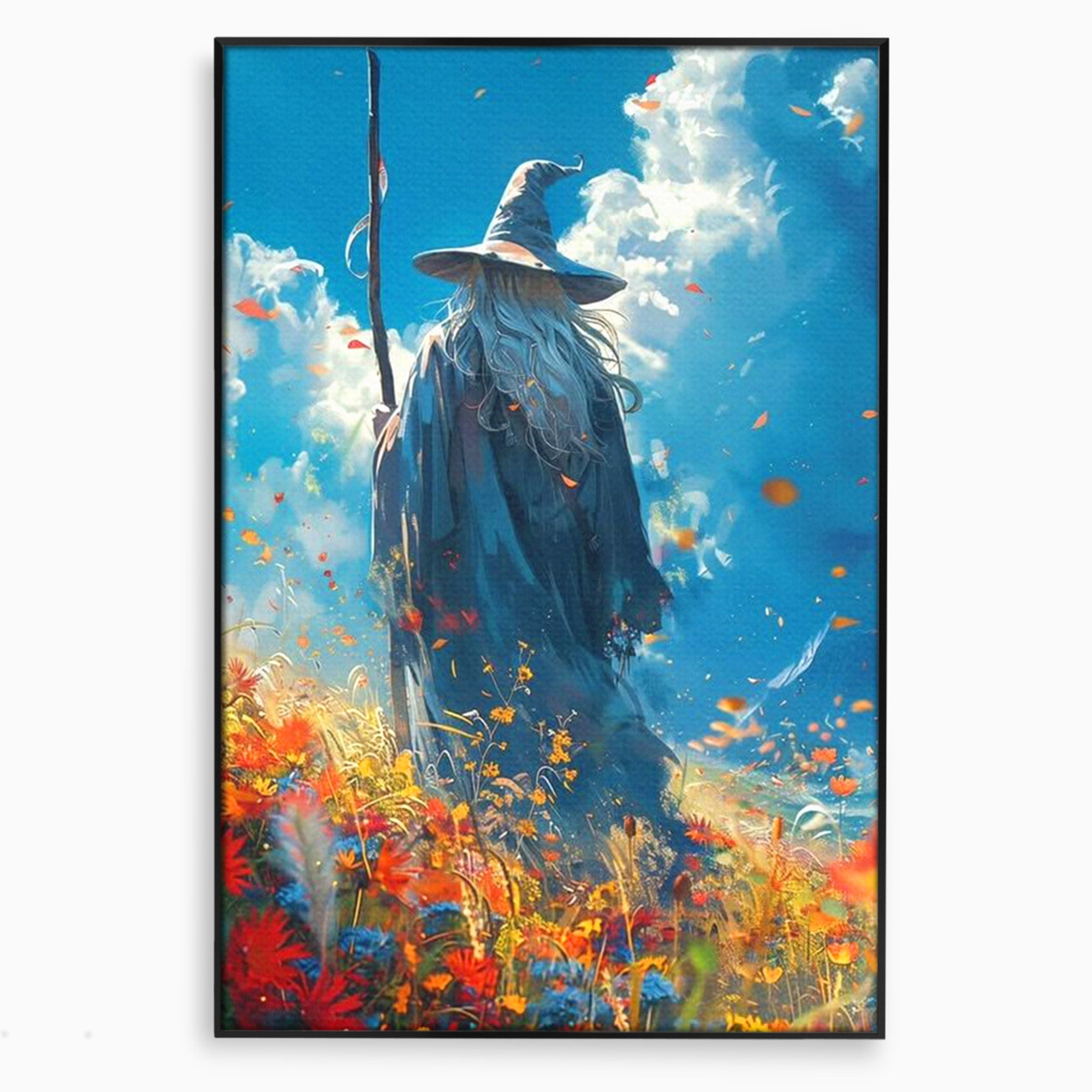 Tablou Canvas Premium LuxCanva® PI1212, Vrajitorul Pe Campul Inflorit, Toiag, Palarie, Flori, Fantezie, Living, Culori Vibrante