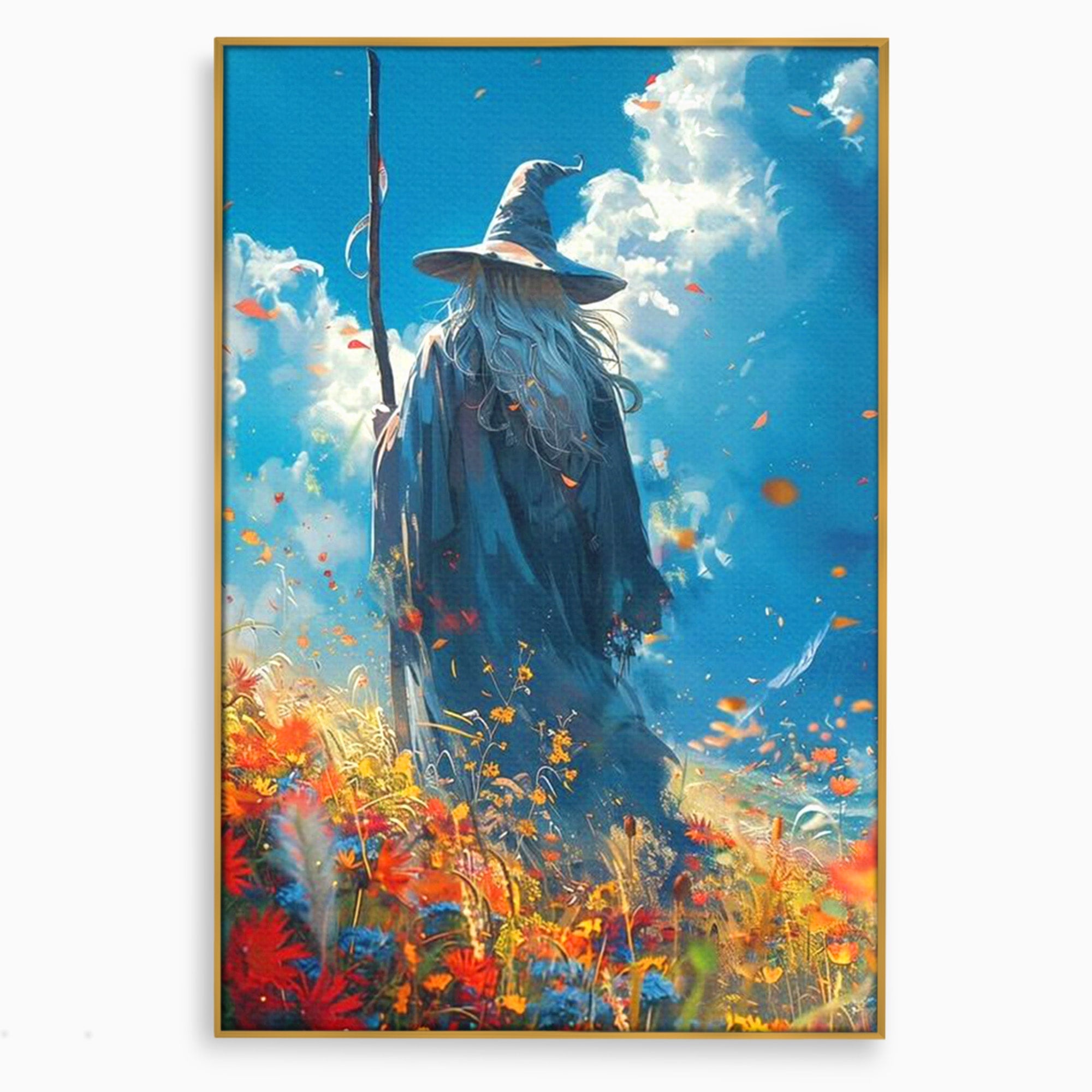 Tablou Canvas Premium LuxCanva® PI1212, Vrajitorul Pe Campul Inflorit, Toiag, Palarie, Flori, Fantezie, Living, Culori Vibrante