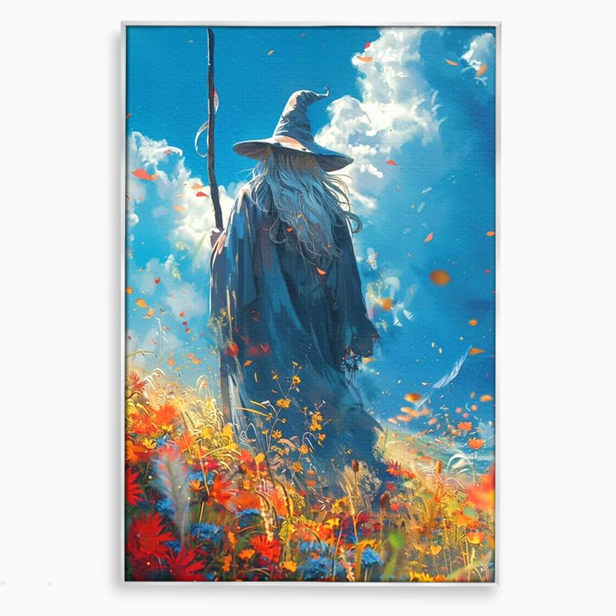 Tablou Canvas Premium LuxCanva® PI1212, Vrajitorul Pe Campul Inflorit, Toiag, Palarie, Flori, Fantezie, Living, Culori Vibrante