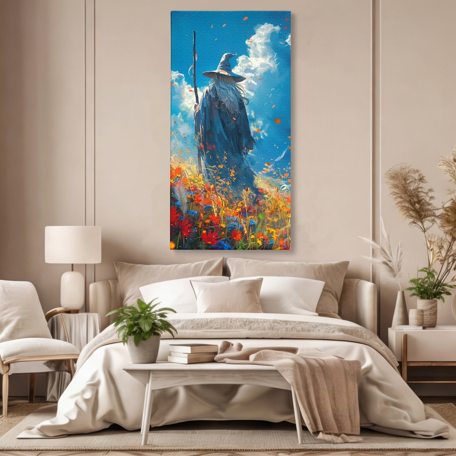 Tablou Canvas Premium LuxCanva® PI1212, Vrajitorul Pe Campul Inflorit, Toiag, Palarie, Flori, Fantezie, Living, Culori Vibrante