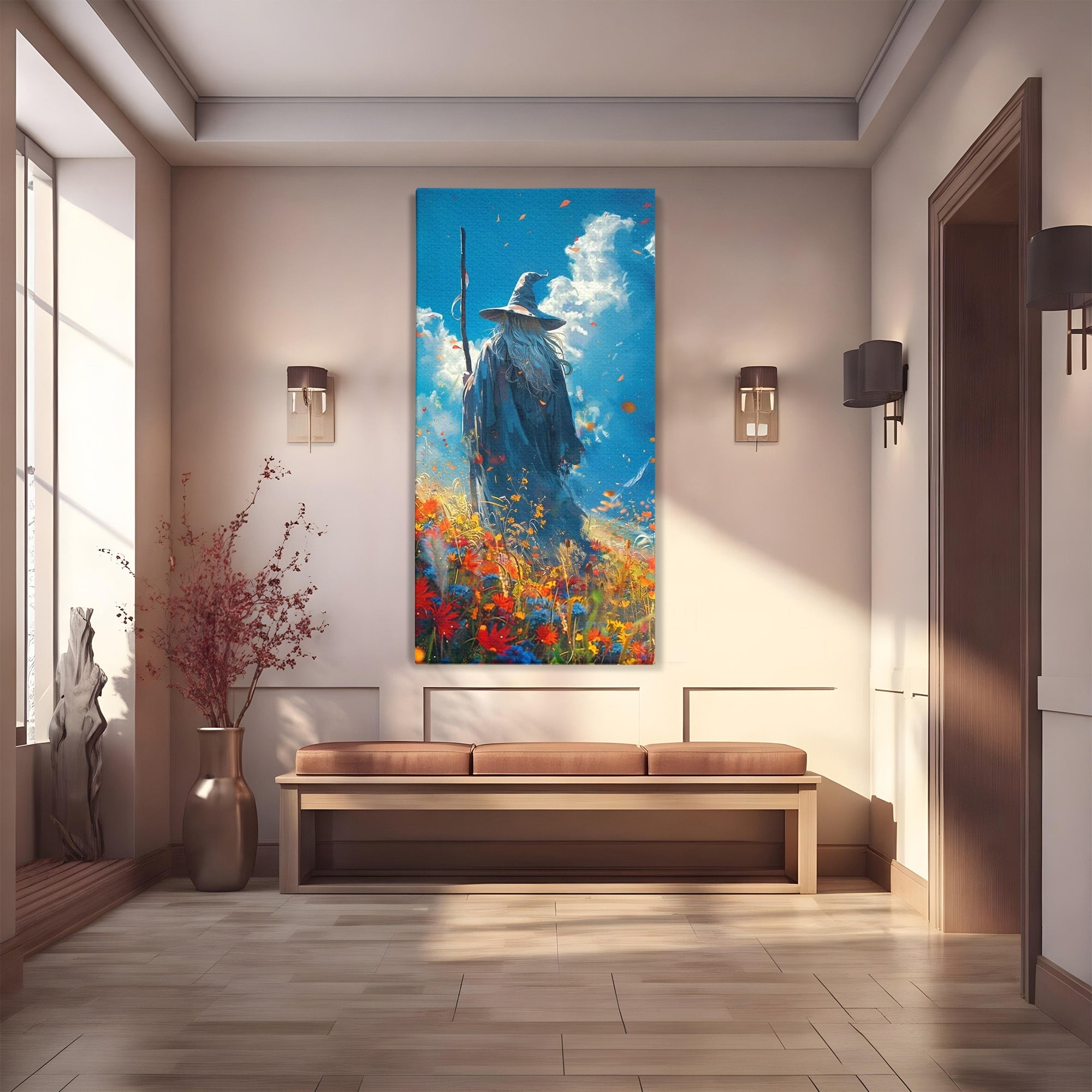Tablou Canvas Premium LuxCanva® PI1212, Vrajitorul Pe Campul Inflorit, Toiag, Palarie, Flori, Fantezie, Living, Culori Vibrante