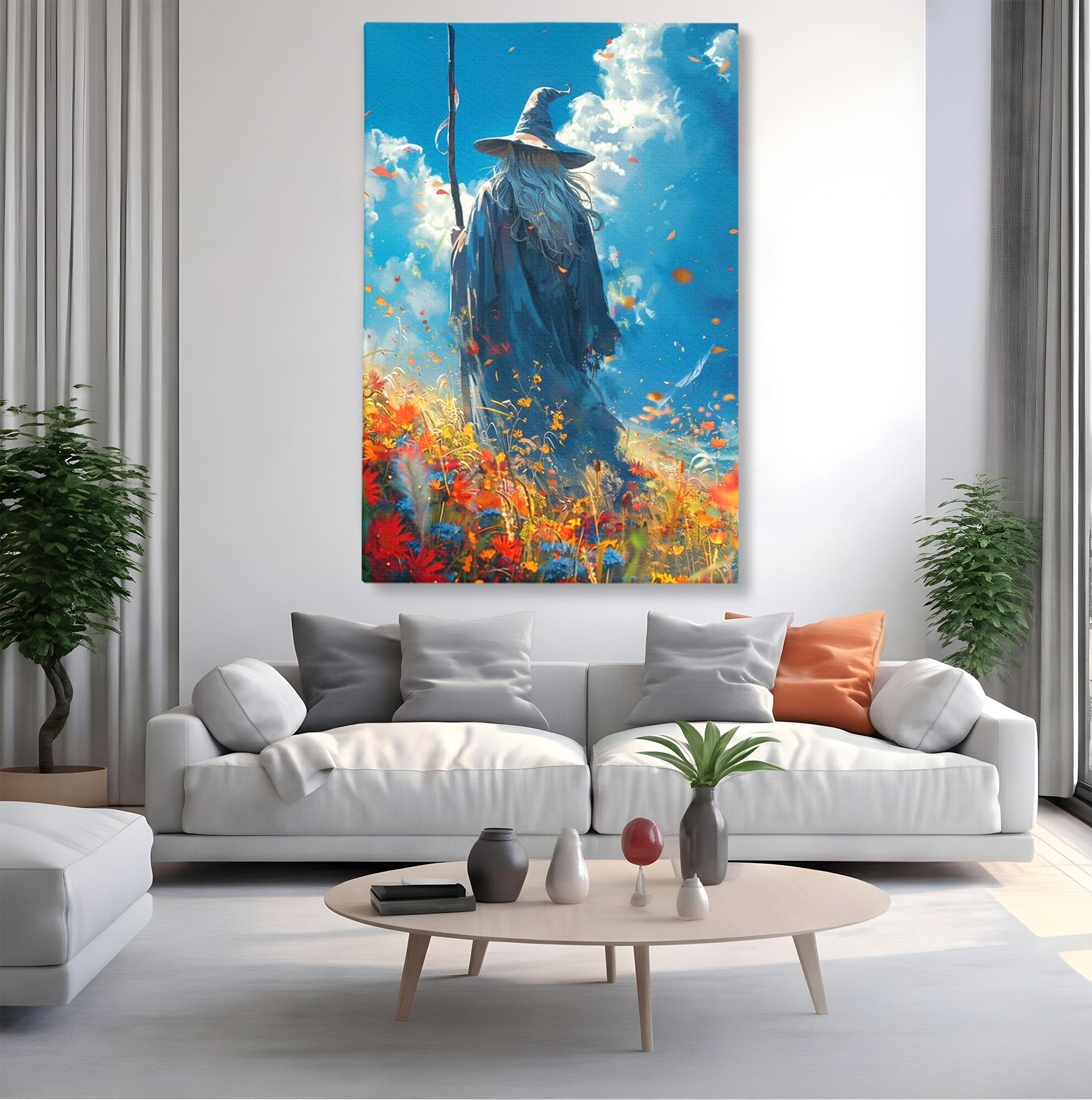Tablou Canvas Premium LuxCanva® PI1212, Vrajitorul Pe Campul Inflorit, Toiag, Palarie, Flori, Fantezie, Living, Culori Vibrante