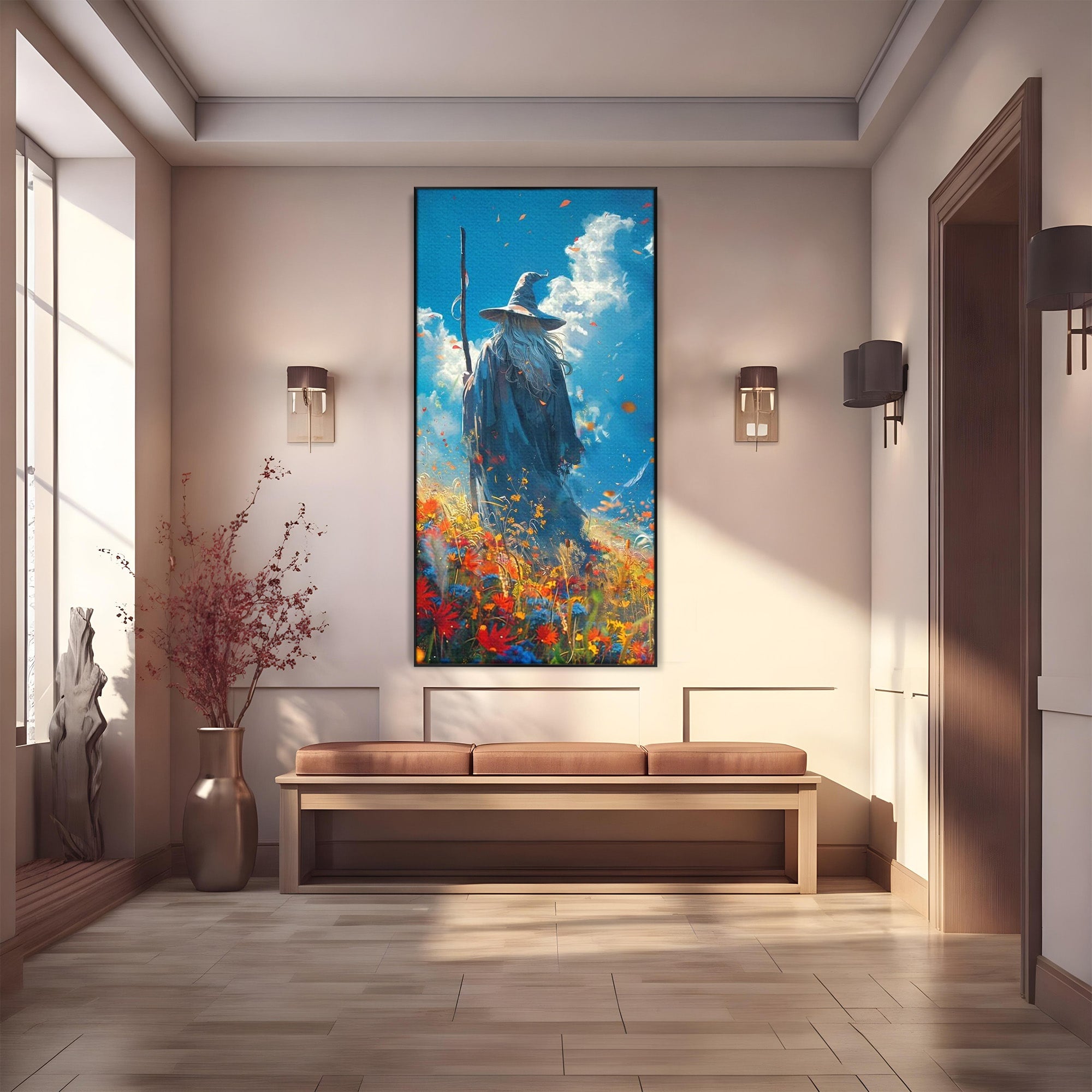 Tablou Canvas Premium LuxCanva® PI1212, Vrajitorul Pe Campul Inflorit, Toiag, Palarie, Flori, Fantezie, Living, Culori Vibrante