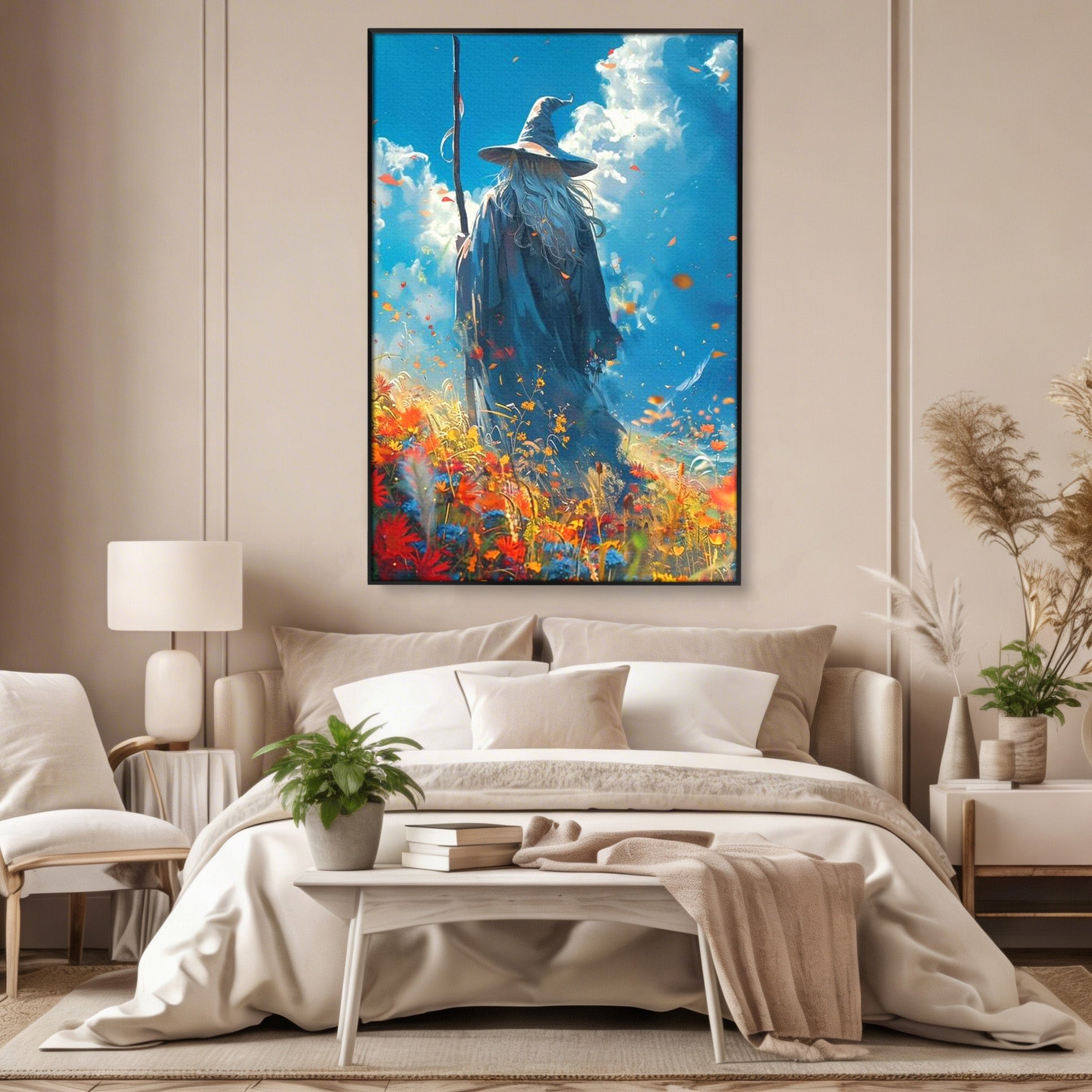 Tablou Canvas Premium LuxCanva® PI1212, Vrajitorul Pe Campul Inflorit, Toiag, Palarie, Flori, Fantezie, Living, Culori Vibrante