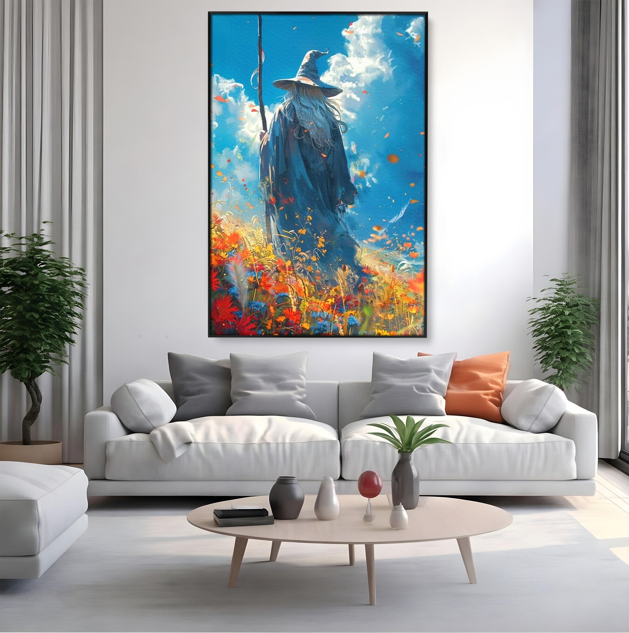 Tablou Canvas Premium LuxCanva® PI1212, Vrajitorul Pe Campul Inflorit, Toiag, Palarie, Flori, Fantezie, Living, Culori Vibrante