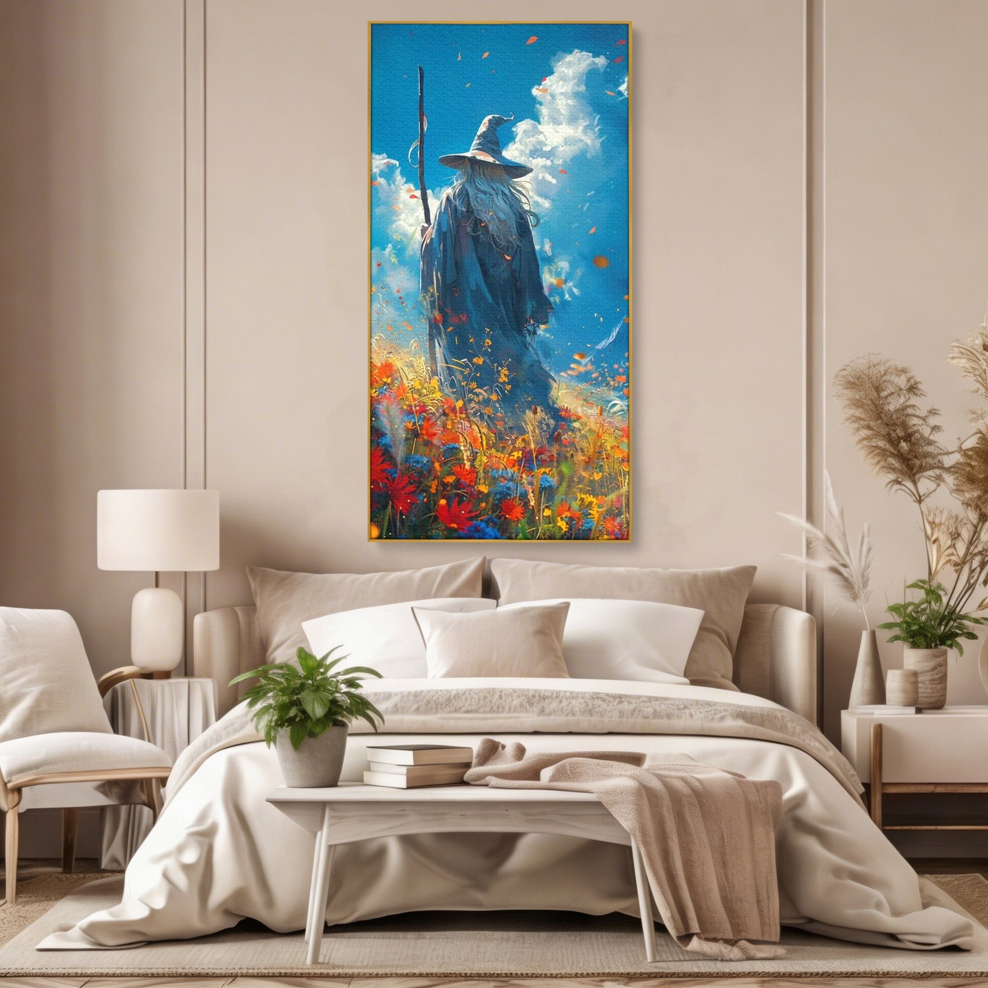 Tablou Canvas Premium LuxCanva® PI1212, Vrajitorul Pe Campul Inflorit, Toiag, Palarie, Flori, Fantezie, Living, Culori Vibrante