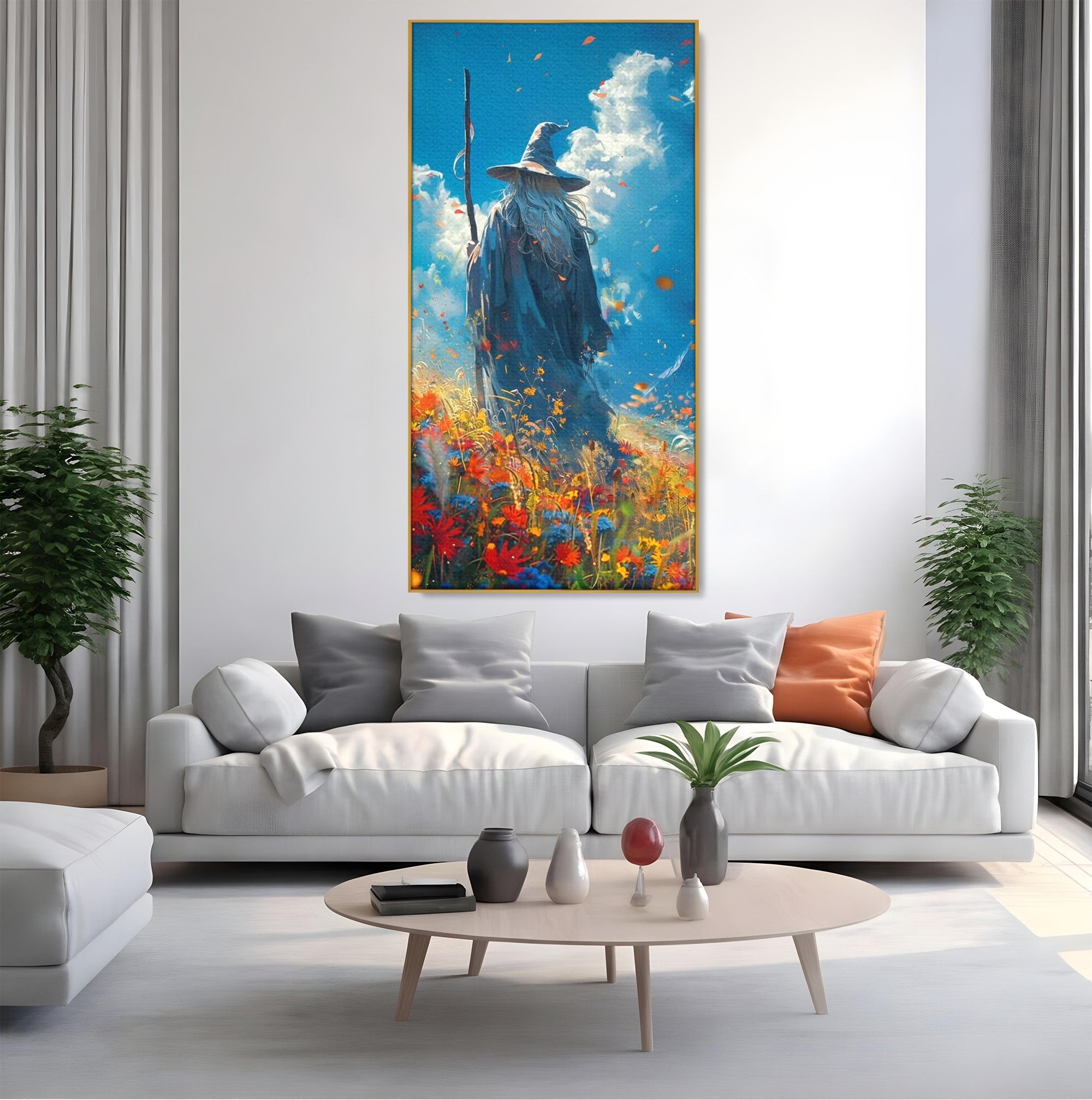 Tablou Canvas Premium LuxCanva® PI1212, Vrajitorul Pe Campul Inflorit, Toiag, Palarie, Flori, Fantezie, Living, Culori Vibrante