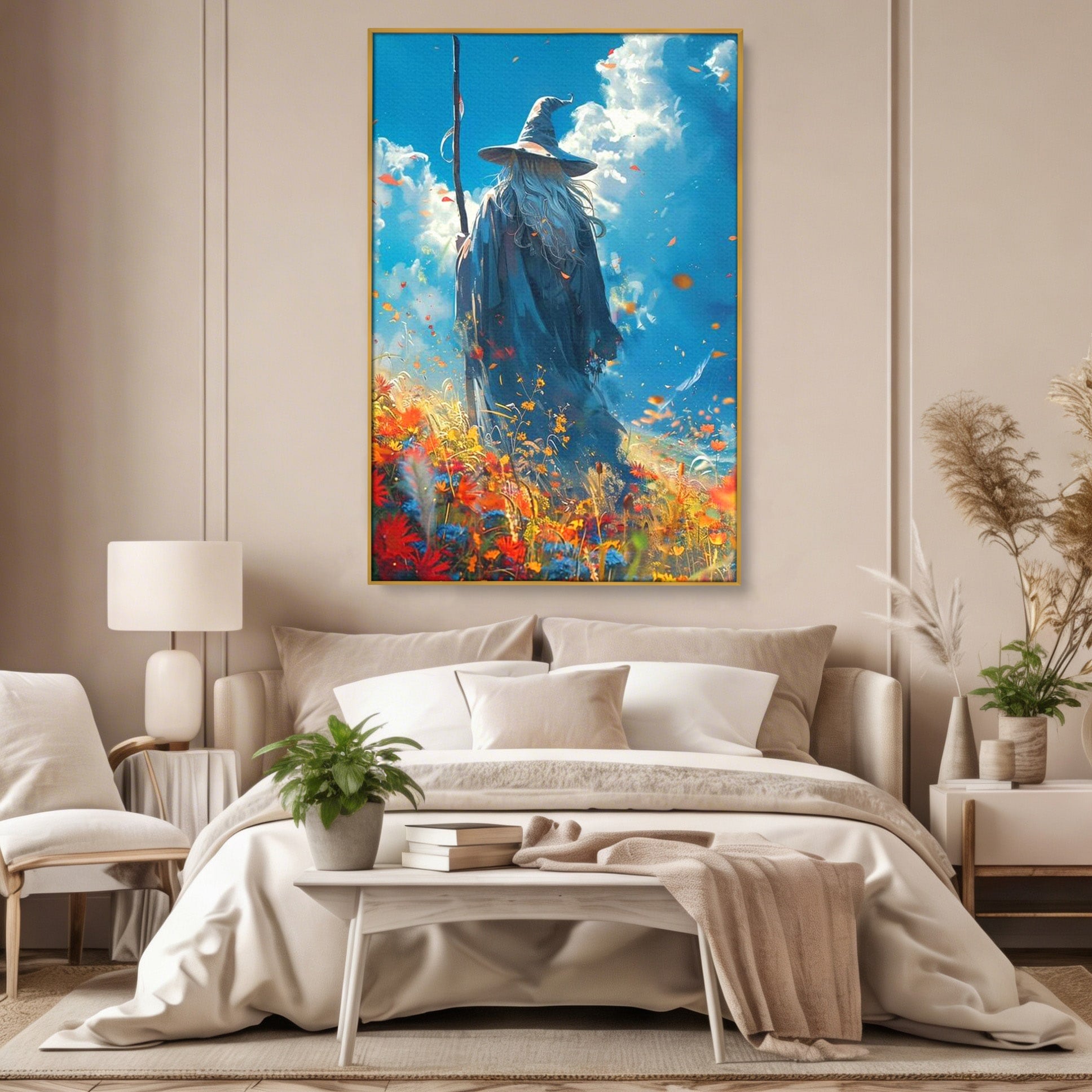 Tablou Canvas Premium LuxCanva® PI1212, Vrajitorul Pe Campul Inflorit, Toiag, Palarie, Flori, Fantezie, Living, Culori Vibrante