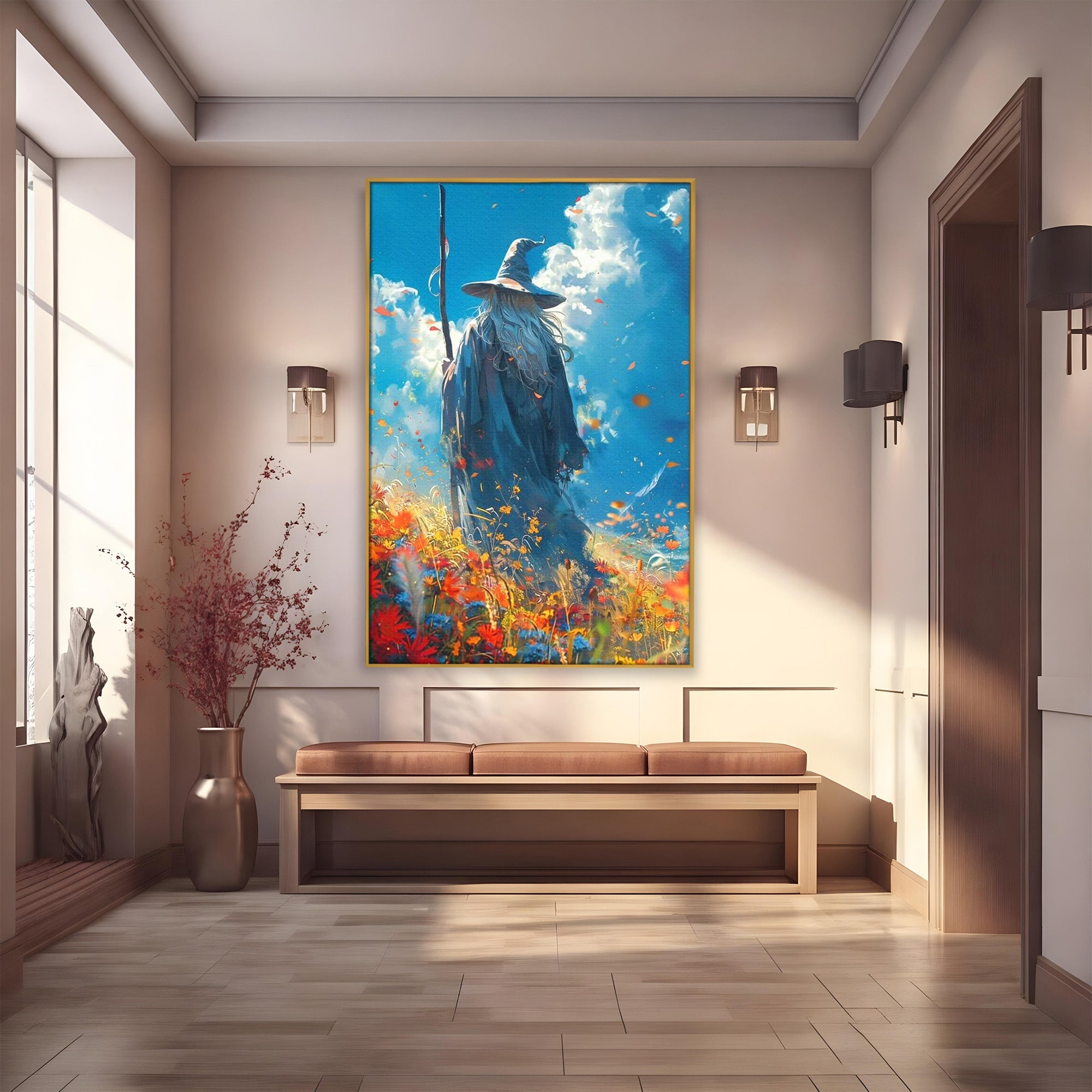 Tablou Canvas Premium LuxCanva® PI1212, Vrajitorul Pe Campul Inflorit, Toiag, Palarie, Flori, Fantezie, Living, Culori Vibrante