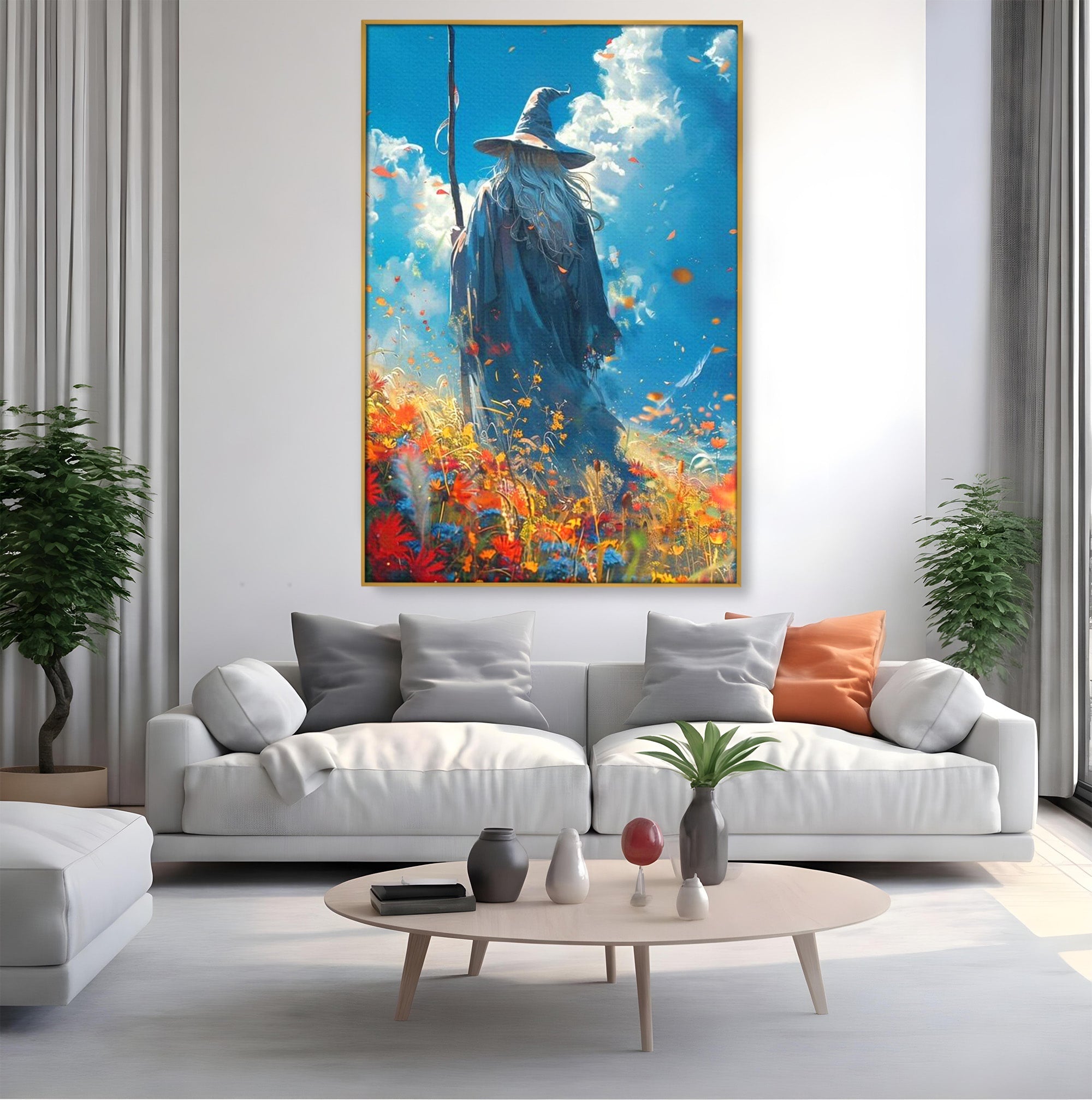 Tablou Canvas Premium LuxCanva® PI1212, Vrajitorul Pe Campul Inflorit, Toiag, Palarie, Flori, Fantezie, Living, Culori Vibrante