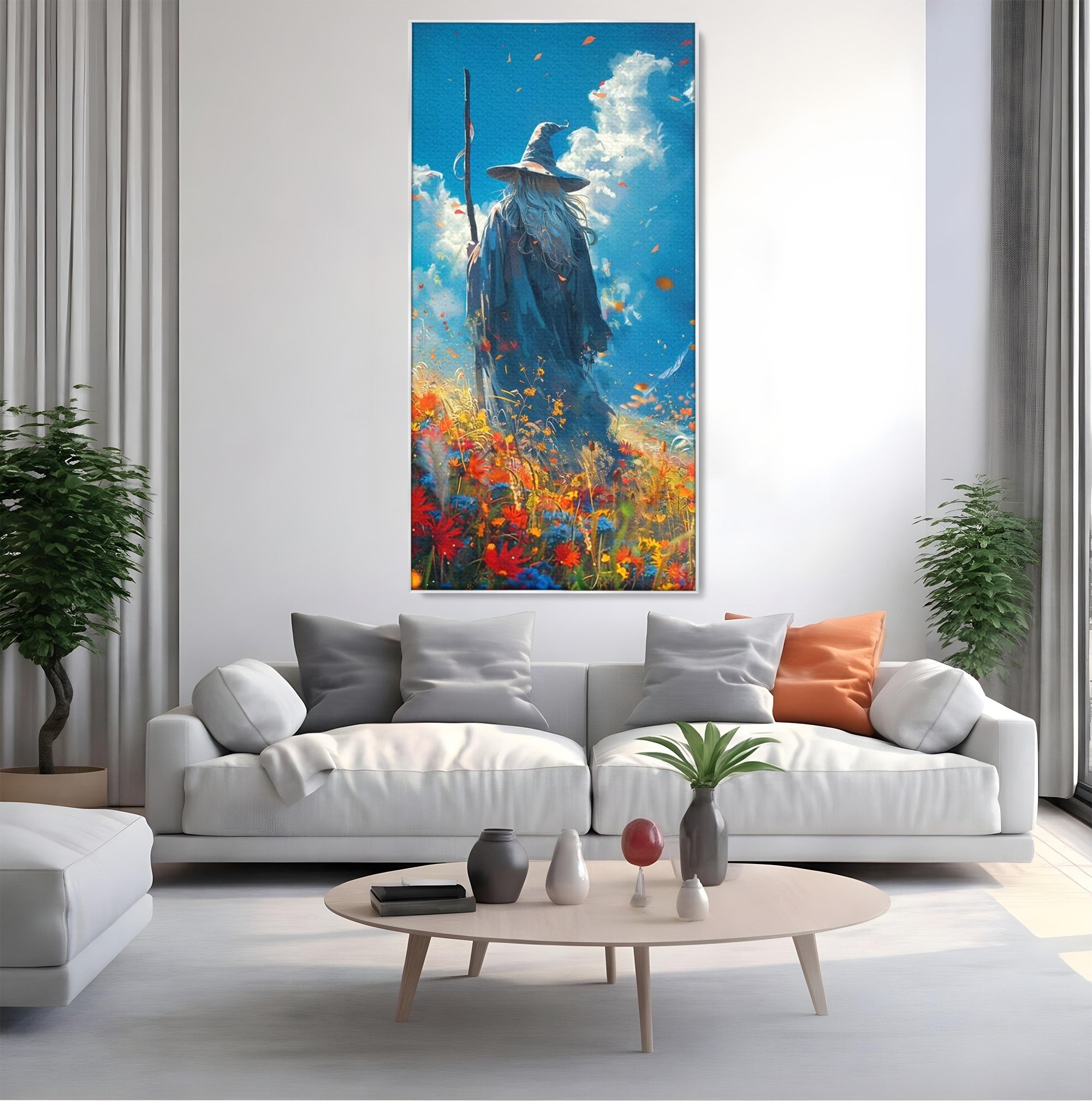 Tablou Canvas Premium LuxCanva® PI1212, Vrajitorul Pe Campul Inflorit, Toiag, Palarie, Flori, Fantezie, Living, Culori Vibrante