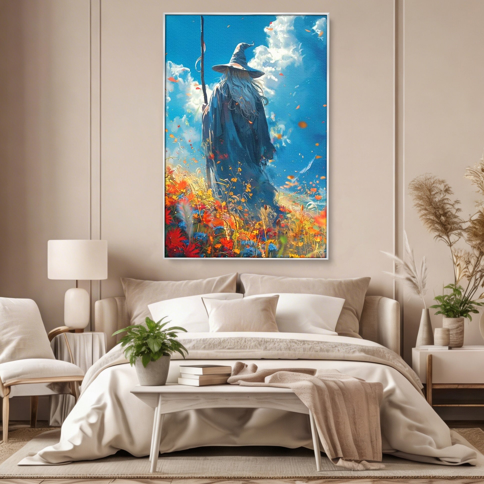 Tablou Canvas Premium LuxCanva® PI1212, Vrajitorul Pe Campul Inflorit, Toiag, Palarie, Flori, Fantezie, Living, Culori Vibrante