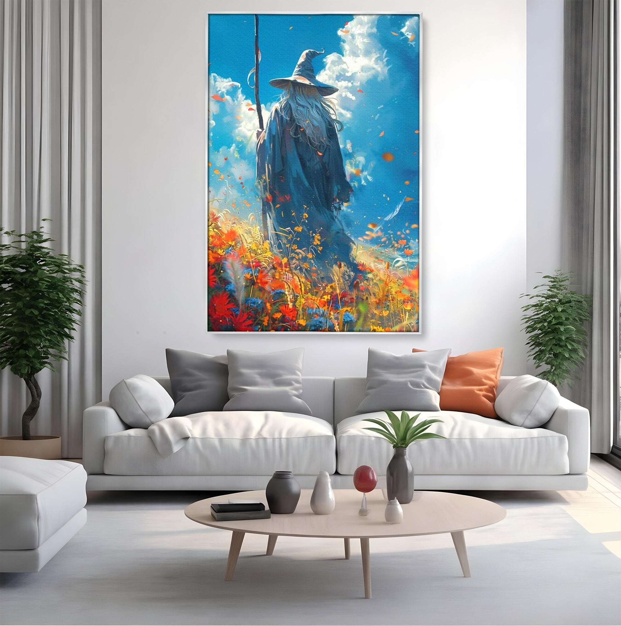 Tablou Canvas Premium LuxCanva® PI1212, Vrajitorul Pe Campul Inflorit, Toiag, Palarie, Flori, Fantezie, Living, Culori Vibrante