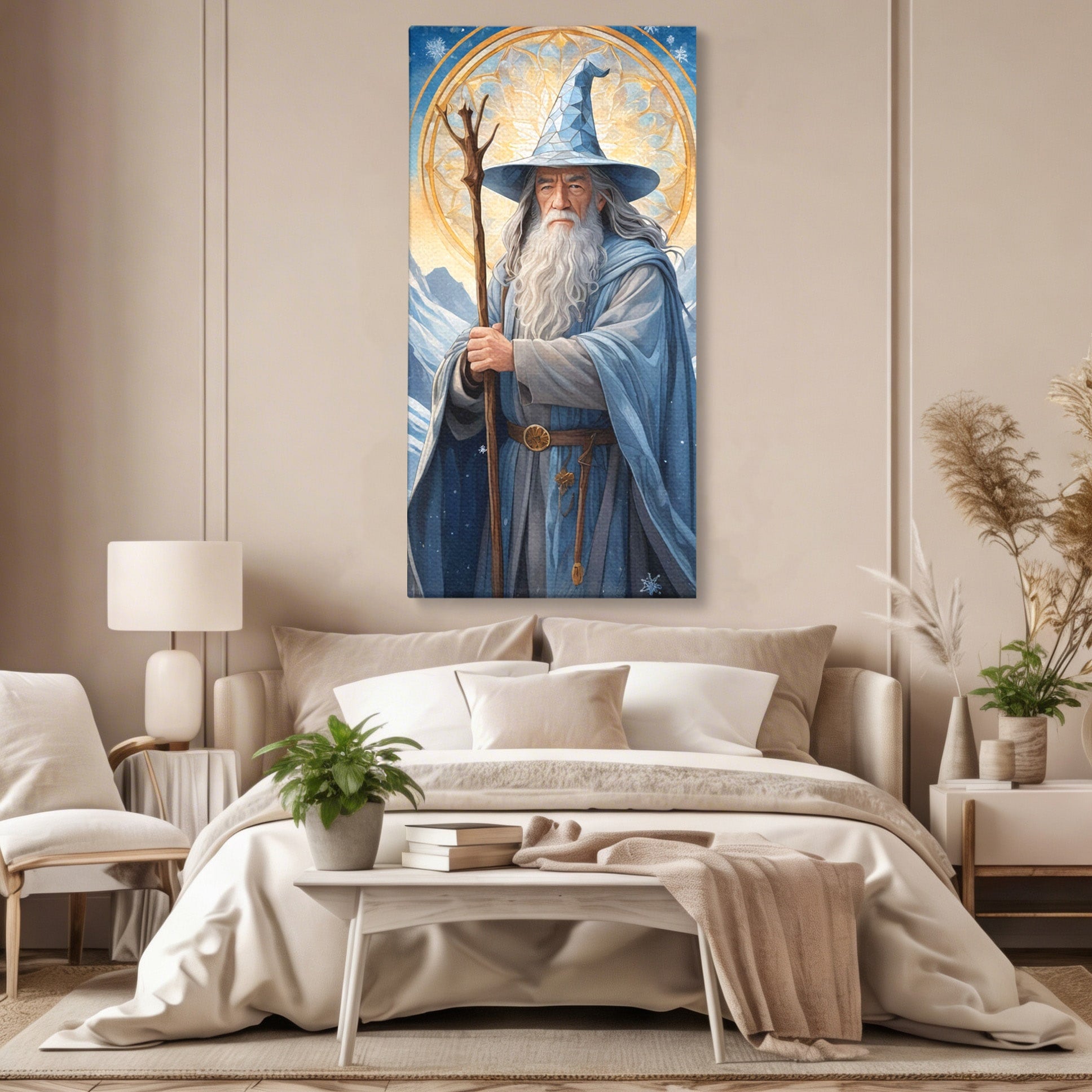 Tablou Canvas Premium LuxCanva® PI1213, Vrajitorul Bun, Personaj, Fantezie, Munti, Iarna, Magie, Living, Dormitor, Culori Vibrante