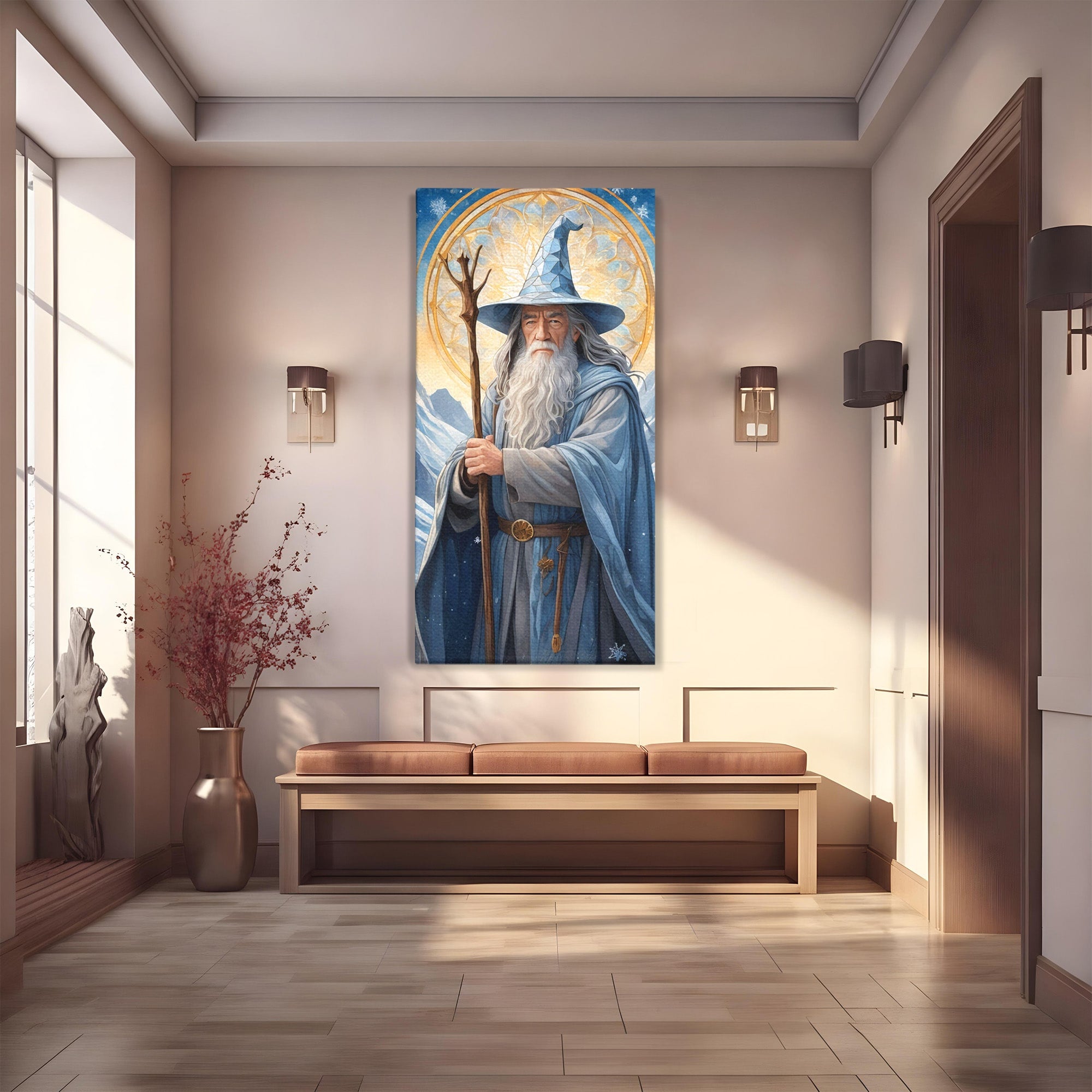 Tablou Canvas Premium LuxCanva® PI1213, Vrajitorul Bun, Personaj, Fantezie, Munti, Iarna, Magie, Living, Dormitor, Culori Vibrante