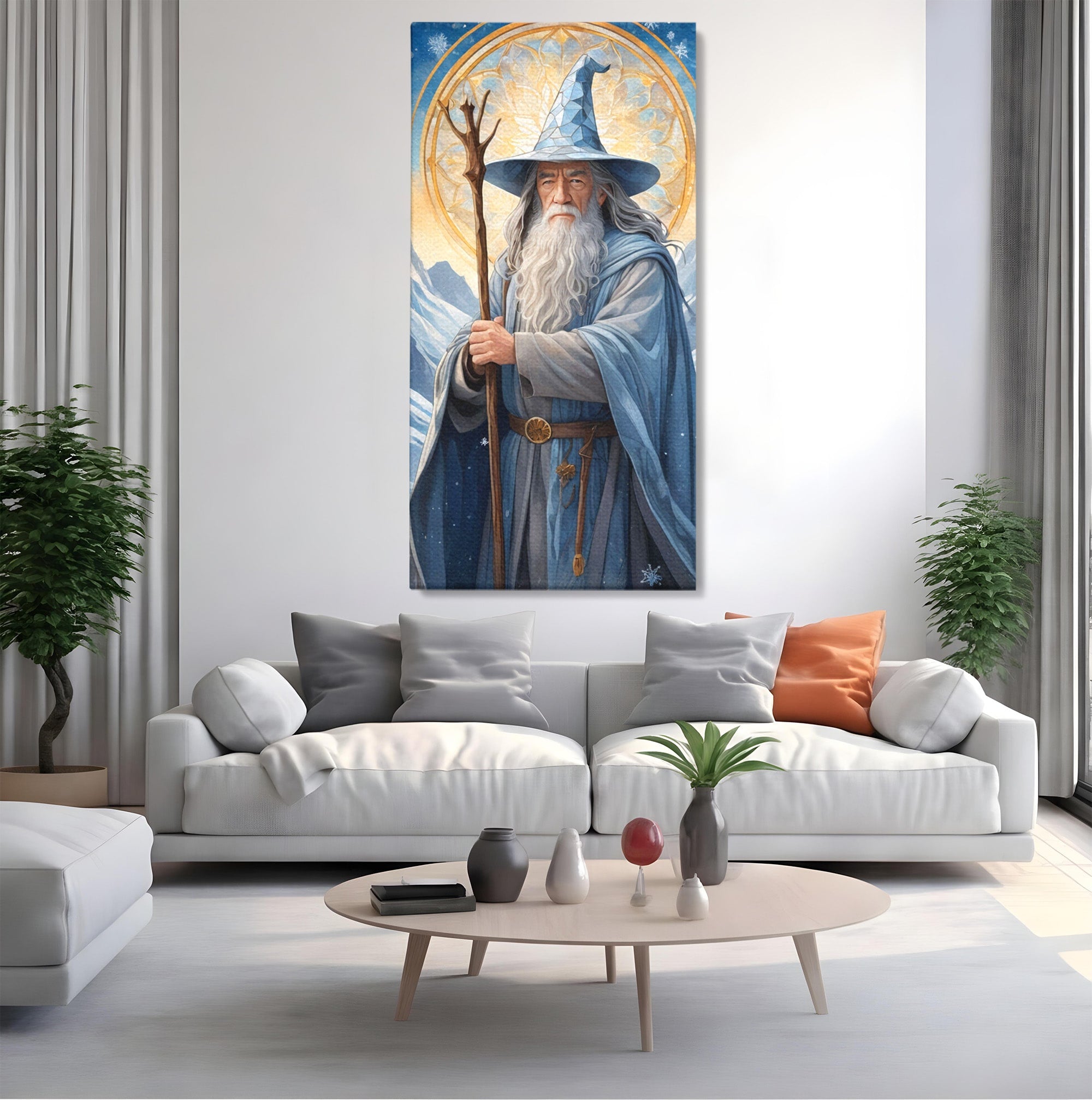 Tablou Canvas Premium LuxCanva® PI1213, Vrajitorul Bun, Personaj, Fantezie, Munti, Iarna, Magie, Living, Dormitor, Culori Vibrante