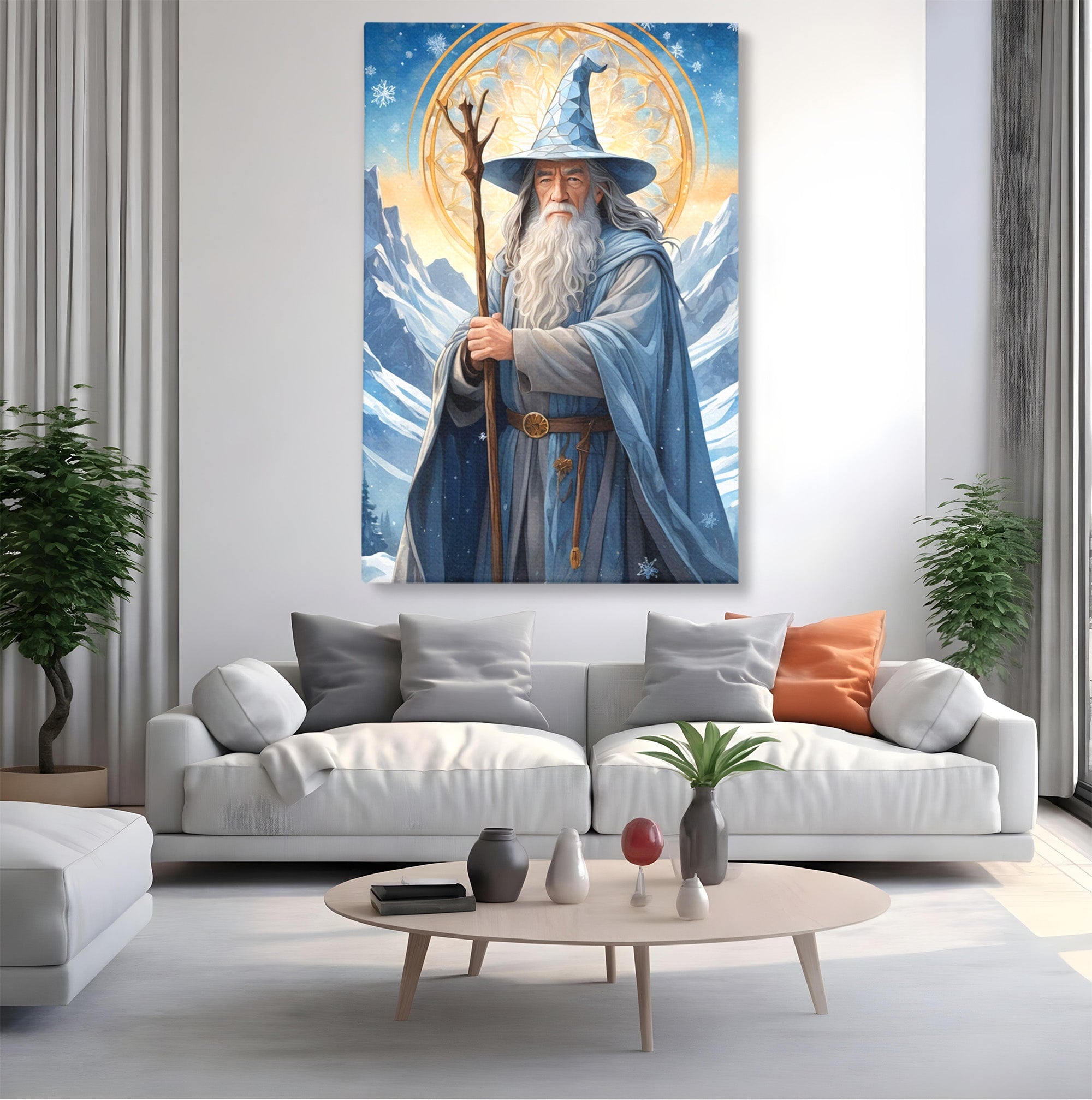 Tablou Canvas Premium LuxCanva® PI1213, Vrajitorul Bun, Personaj, Fantezie, Munti, Iarna, Magie, Living, Dormitor, Culori Vibrante