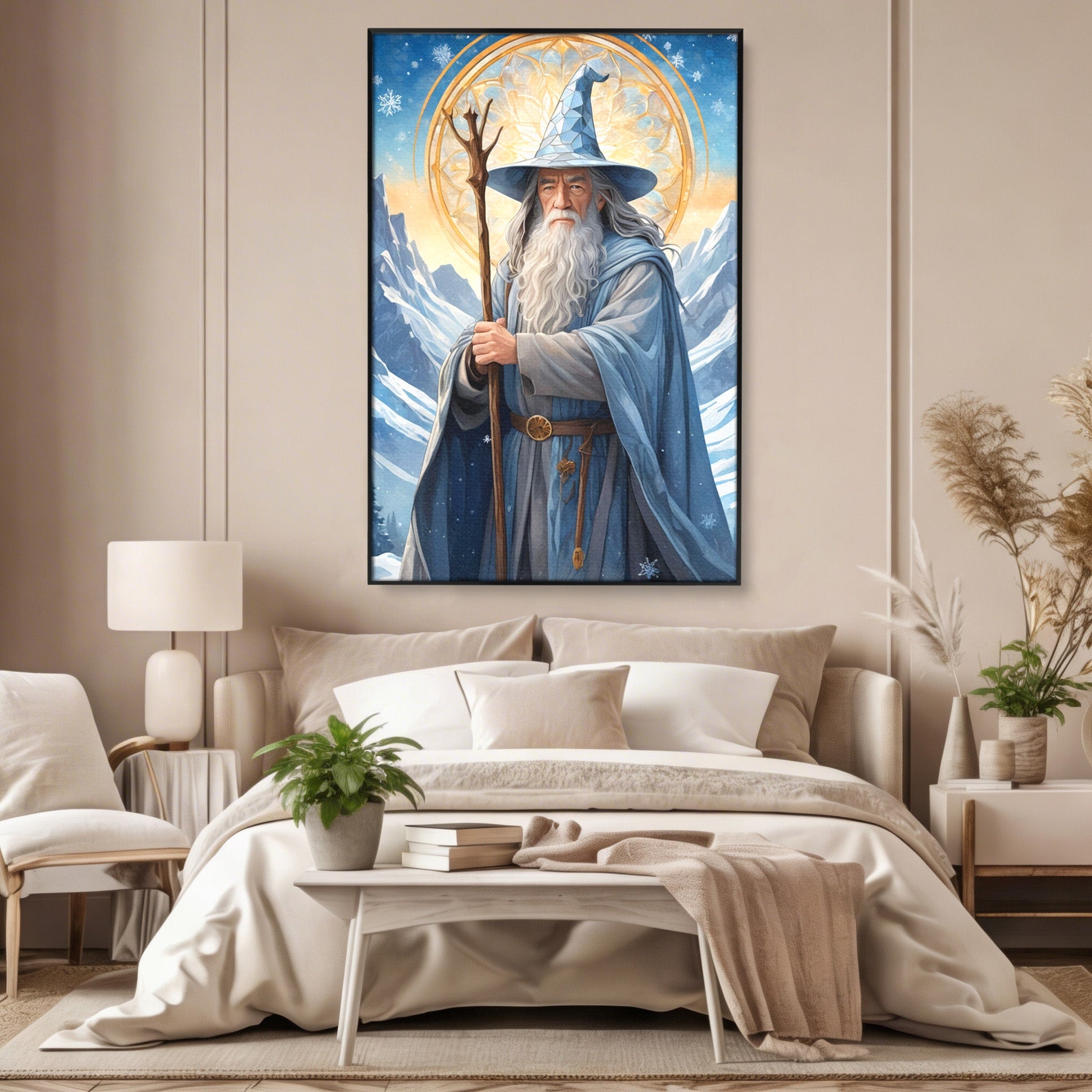 Tablou Canvas Premium LuxCanva® PI1213, Vrajitorul Bun, Personaj, Fantezie, Munti, Iarna, Magie, Living, Dormitor, Culori Vibrante