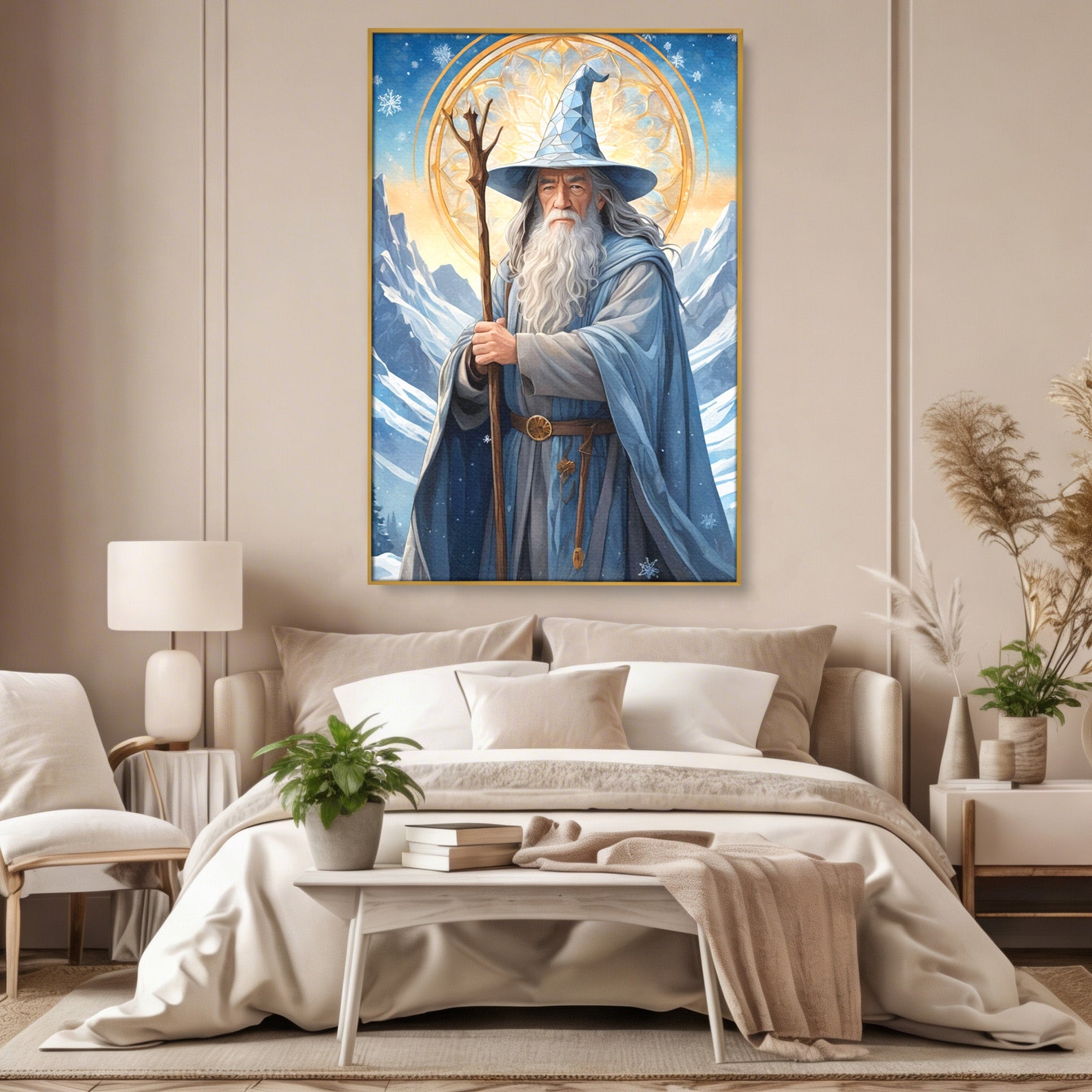 Tablou Canvas Premium LuxCanva® PI1213, Vrajitorul Bun, Personaj, Fantezie, Munti, Iarna, Magie, Living, Dormitor, Culori Vibrante