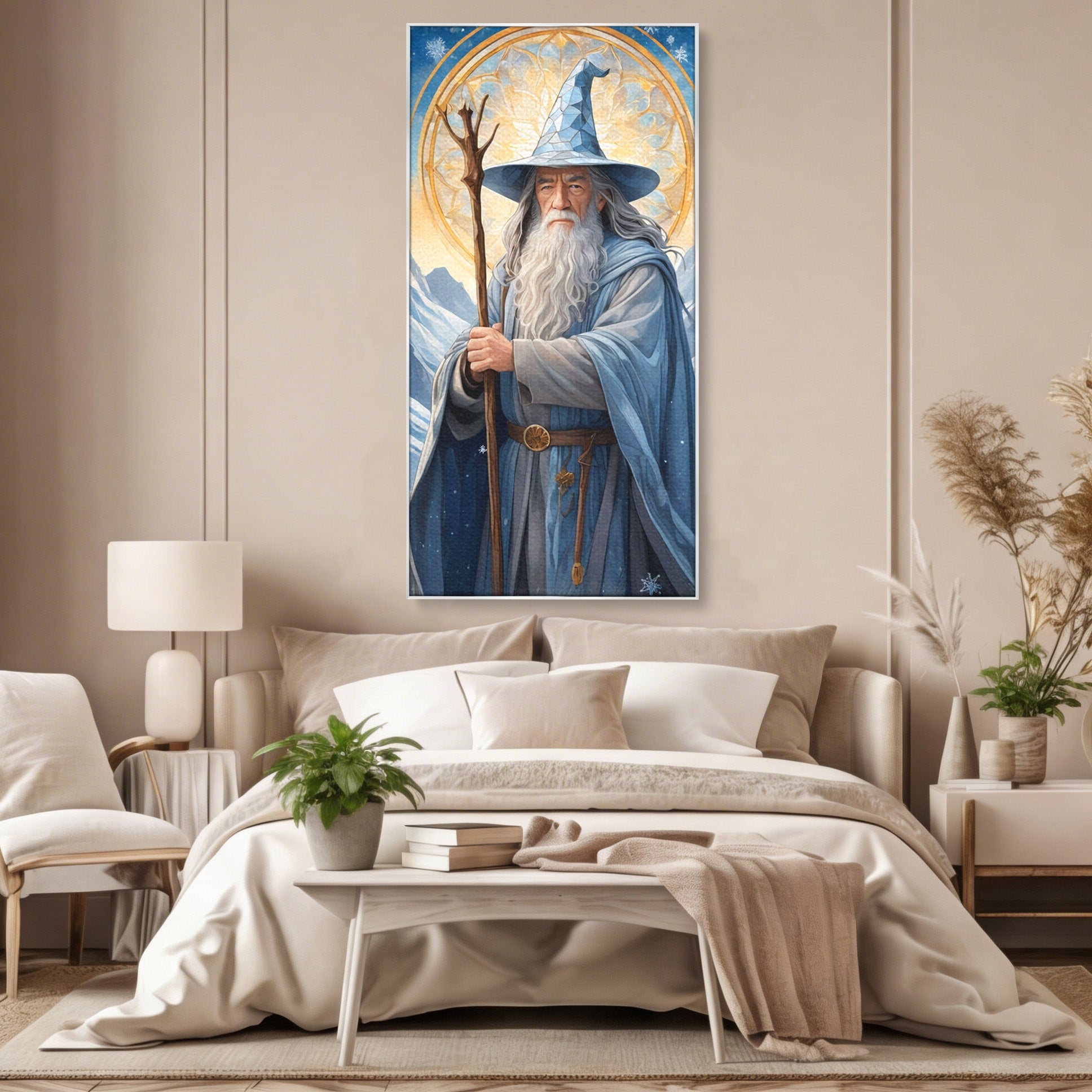 Tablou Canvas Premium LuxCanva® PI1213, Vrajitorul Bun, Personaj, Fantezie, Munti, Iarna, Magie, Living, Dormitor, Culori Vibrante