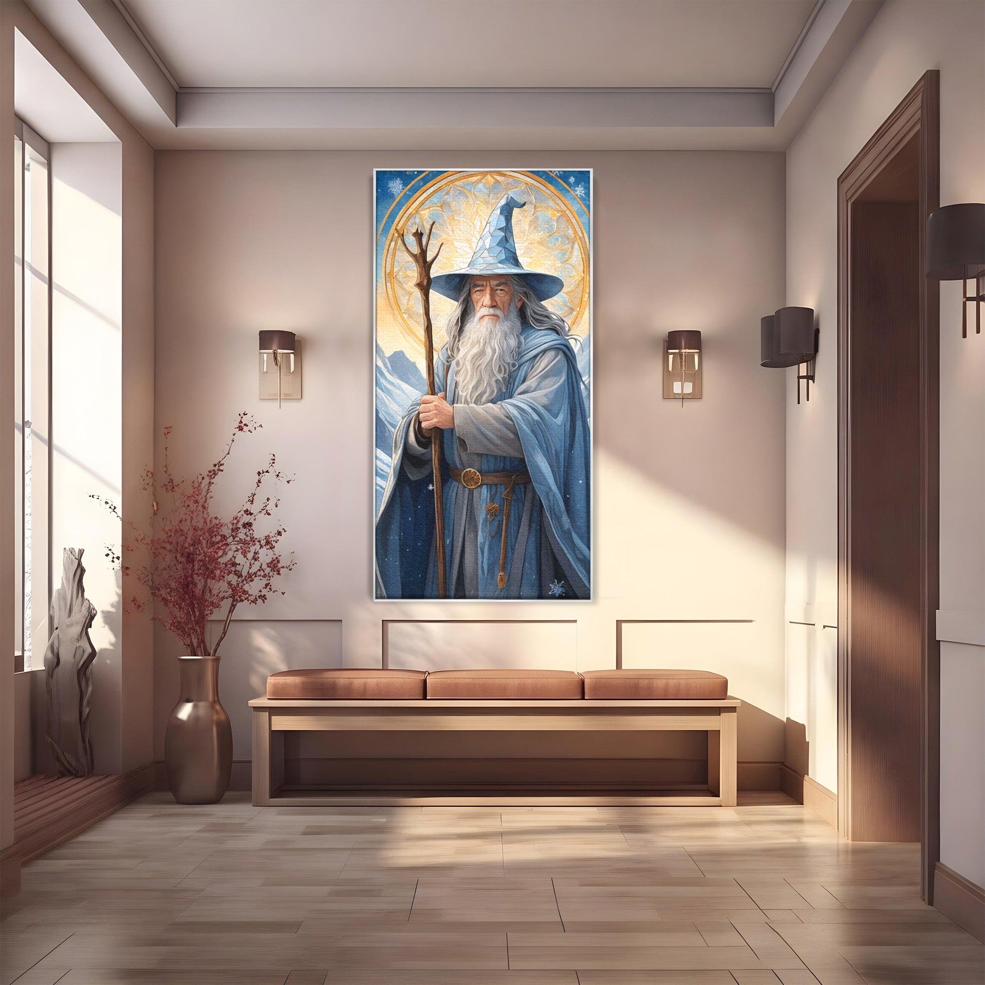 Tablou Canvas Premium LuxCanva® PI1213, Vrajitorul Bun, Personaj, Fantezie, Munti, Iarna, Magie, Living, Dormitor, Culori Vibrante