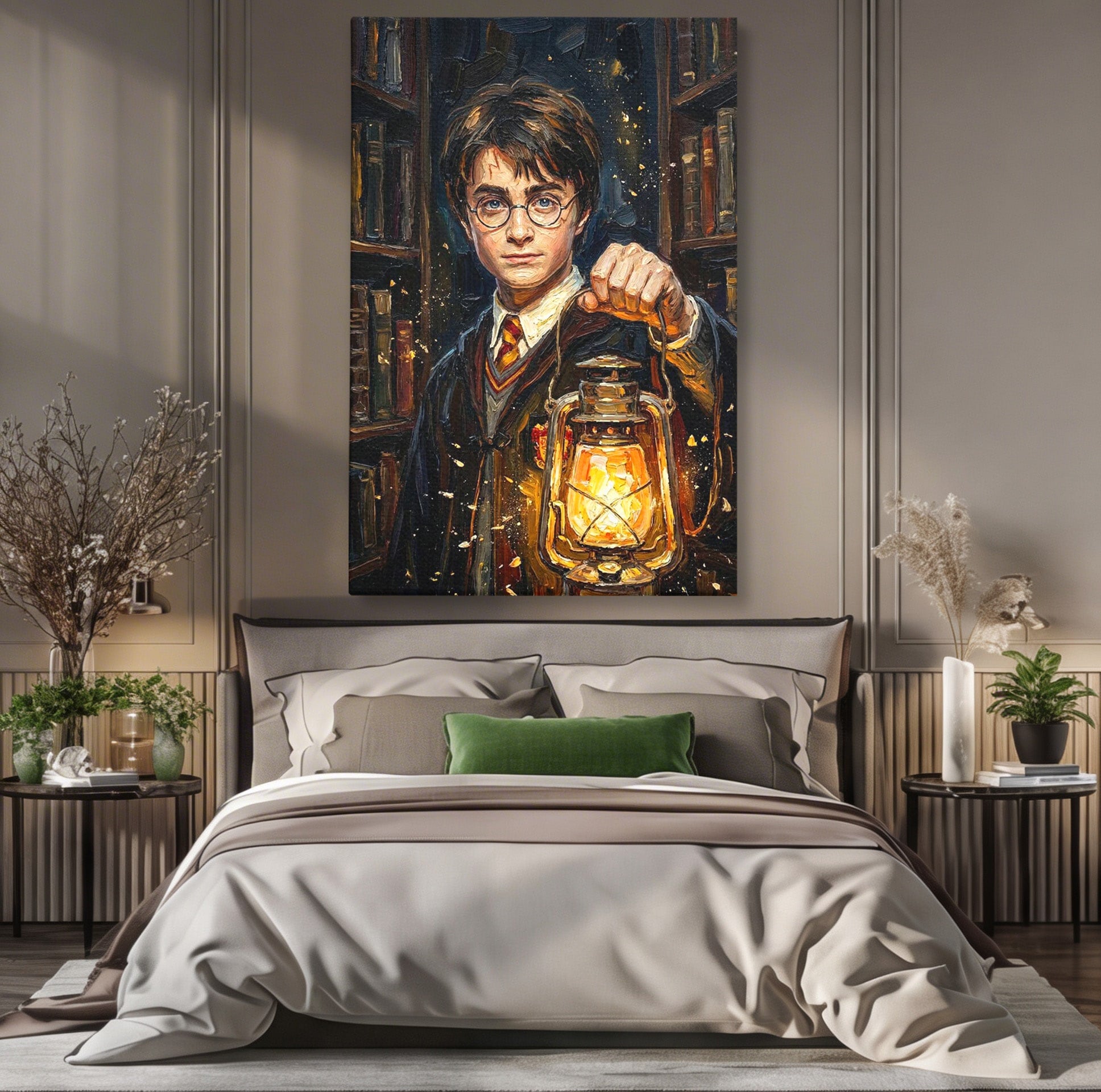 Tablou Canvas Premium LuxCanva® PI1214, Harry Potter, Vrajitor, Felinar, Magie, Biblioteca, Dormitor, Culori Vibrante