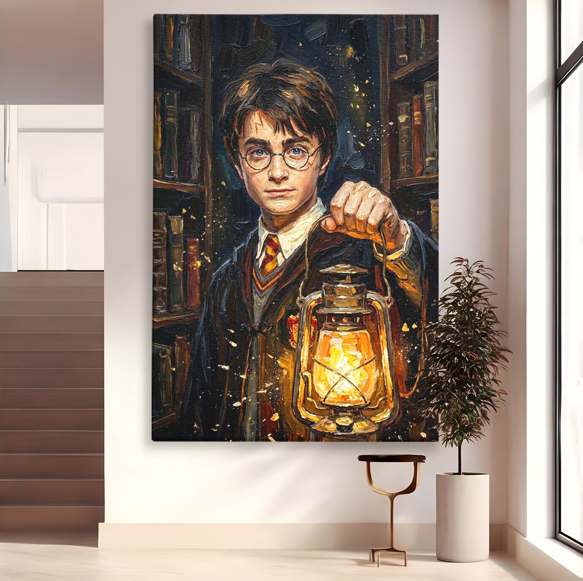 Tablou Canvas Premium LuxCanva® PI1214, Harry Potter, Vrajitor, Felinar, Magie, Biblioteca, Dormitor, Culori Vibrante