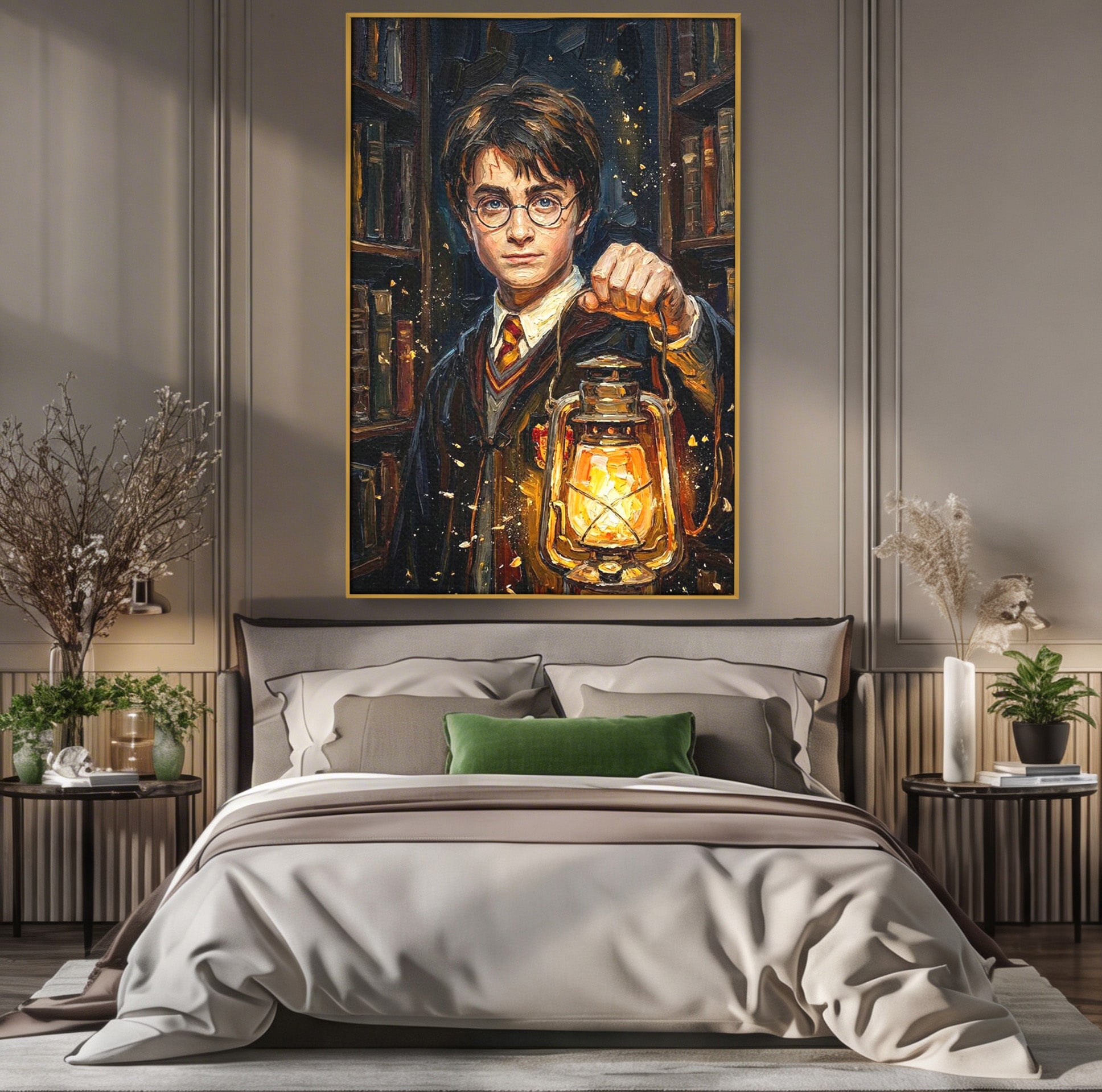 Tablou Canvas Premium LuxCanva® PI1214, Harry Potter, Vrajitor, Felinar, Magie, Biblioteca, Dormitor, Culori Vibrante