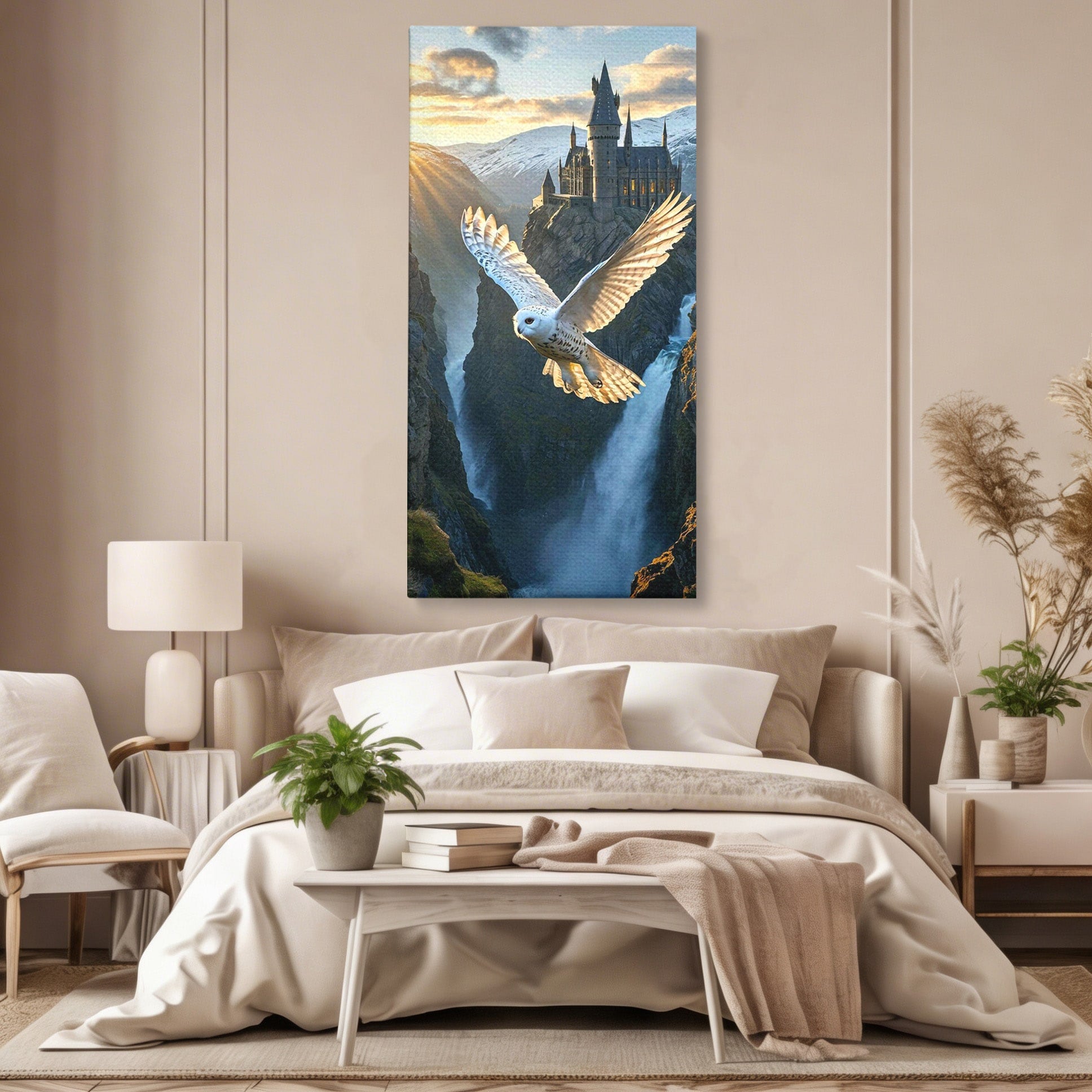 Tablou Canvas Premium LuxCanva® PI1217, Bufnita Magica, Hogwarts, Castel, Fantasy, Peisaj, Living, Culori Vibrante