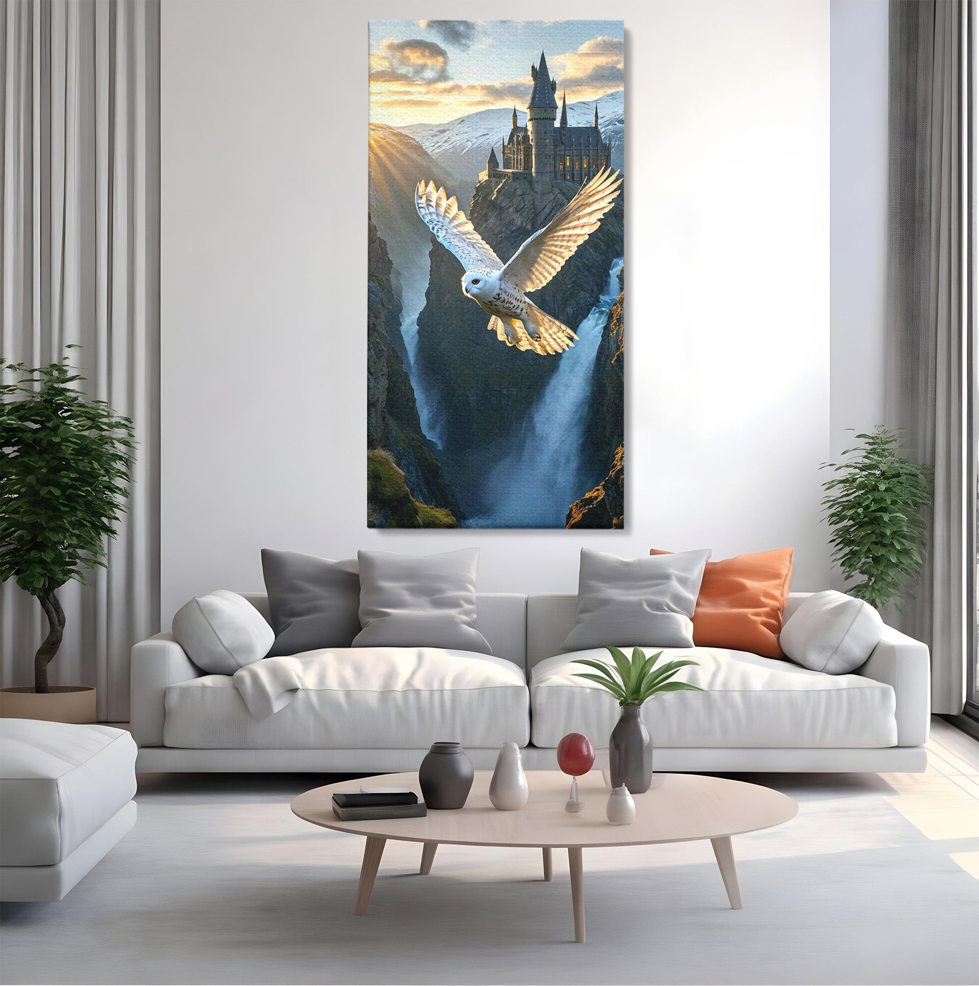 Tablou Canvas Premium LuxCanva® PI1217, Bufnita Magica, Hogwarts, Castel, Fantasy, Peisaj, Living, Culori Vibrante