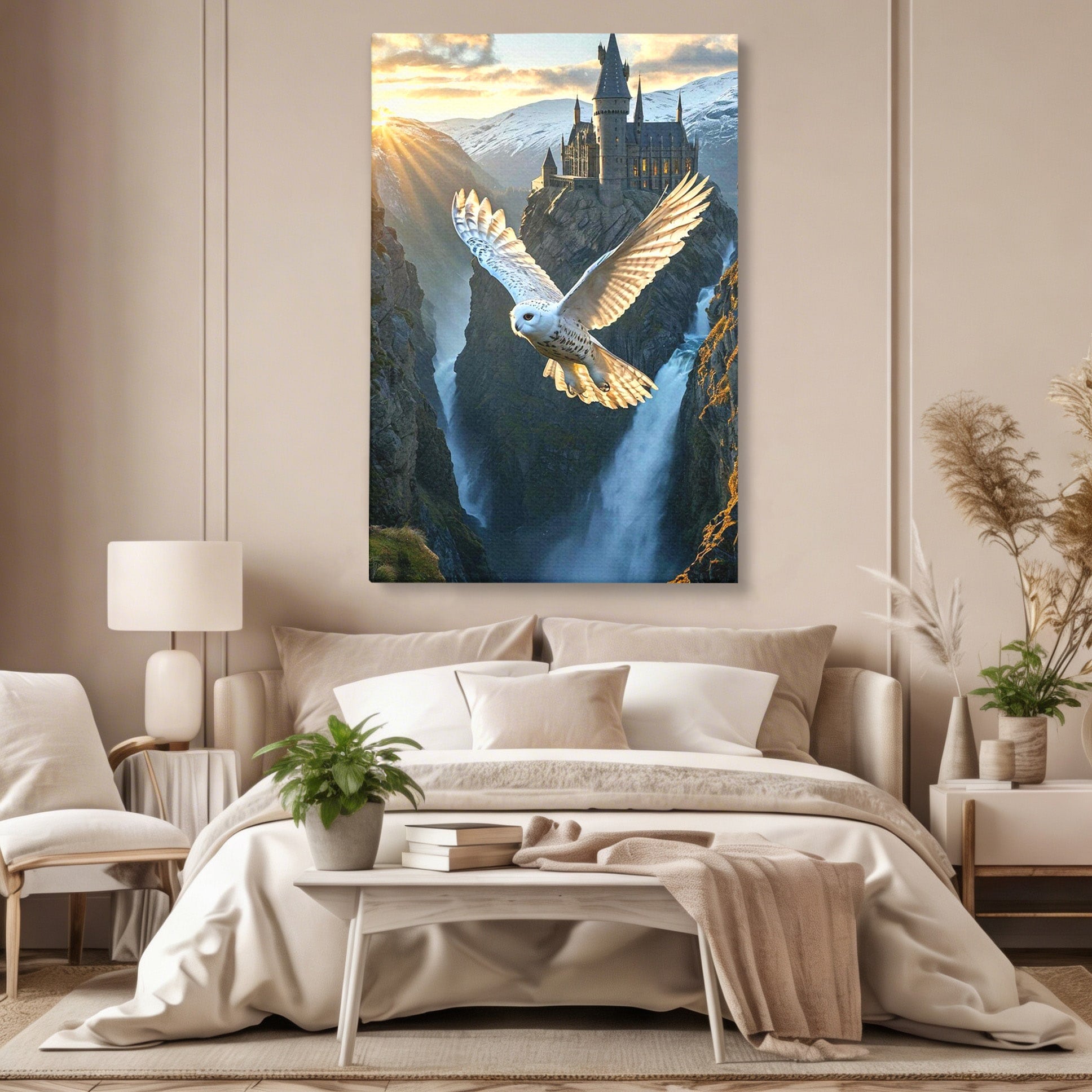 Tablou Canvas Premium LuxCanva® PI1217, Bufnita Magica, Hogwarts, Castel, Fantasy, Peisaj, Living, Culori Vibrante