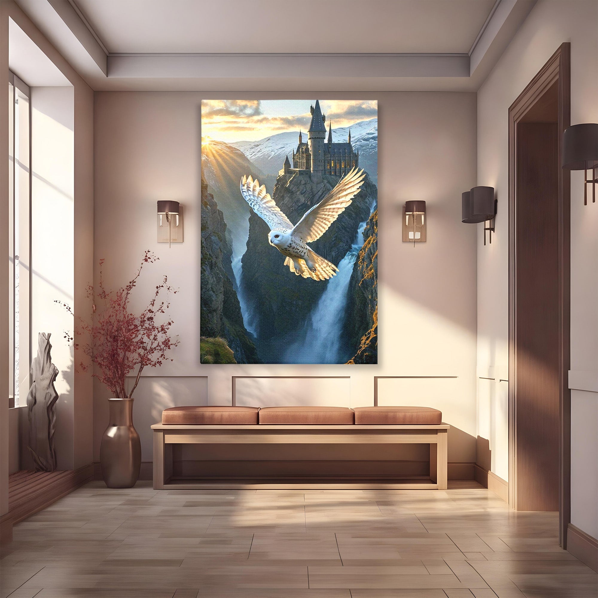 Tablou Canvas Premium LuxCanva® PI1217, Bufnita Magica, Hogwarts, Castel, Fantasy, Peisaj, Living, Culori Vibrante