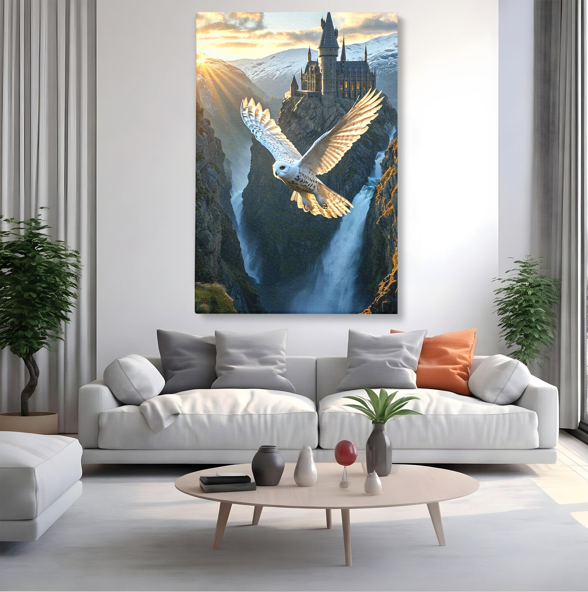 Tablou Canvas Premium LuxCanva® PI1217, Bufnita Magica, Hogwarts, Castel, Fantasy, Peisaj, Living, Culori Vibrante