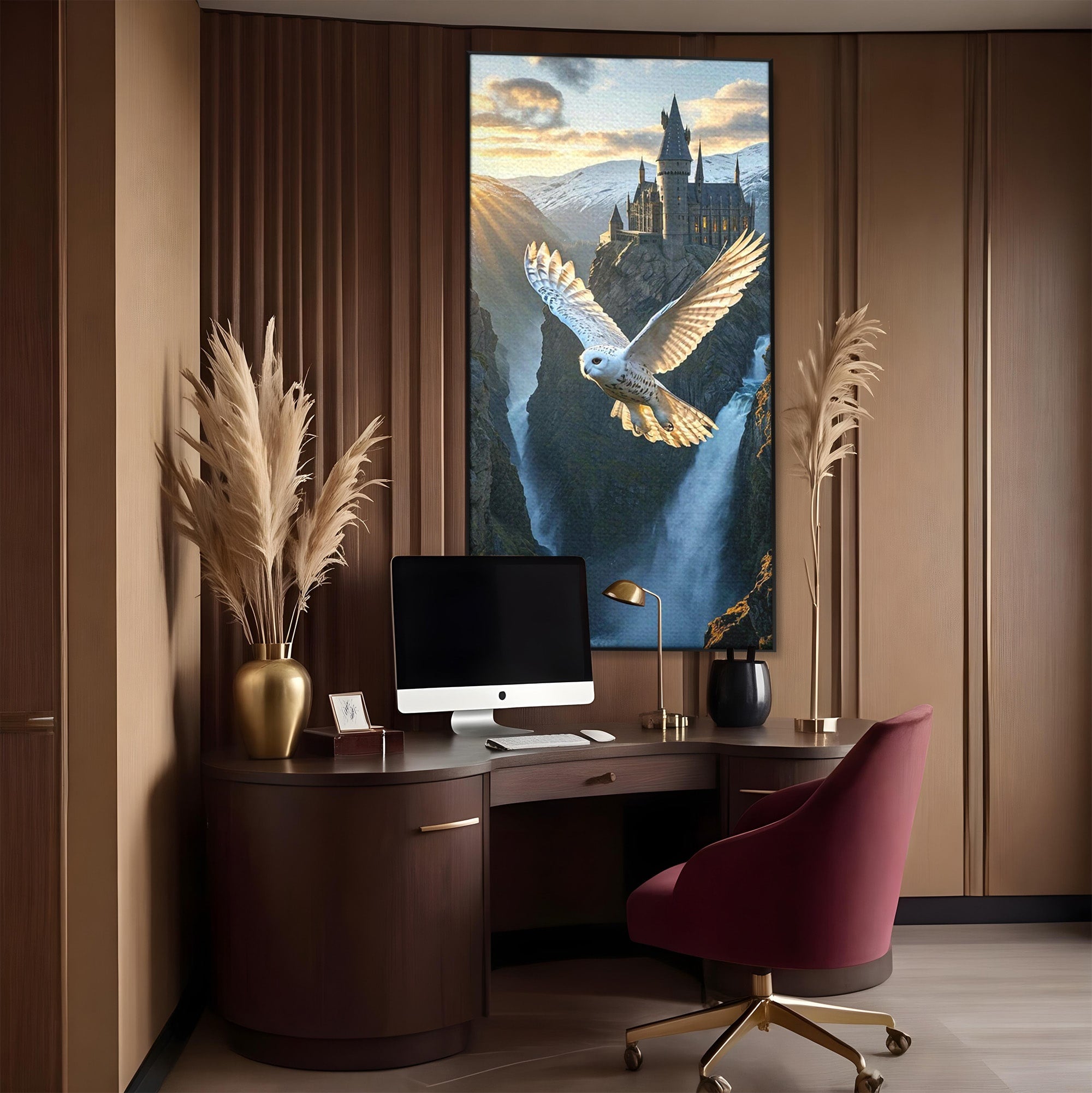 Tablou Canvas Premium LuxCanva® PI1217, Bufnita Magica, Hogwarts, Castel, Fantasy, Peisaj, Living, Culori Vibrante