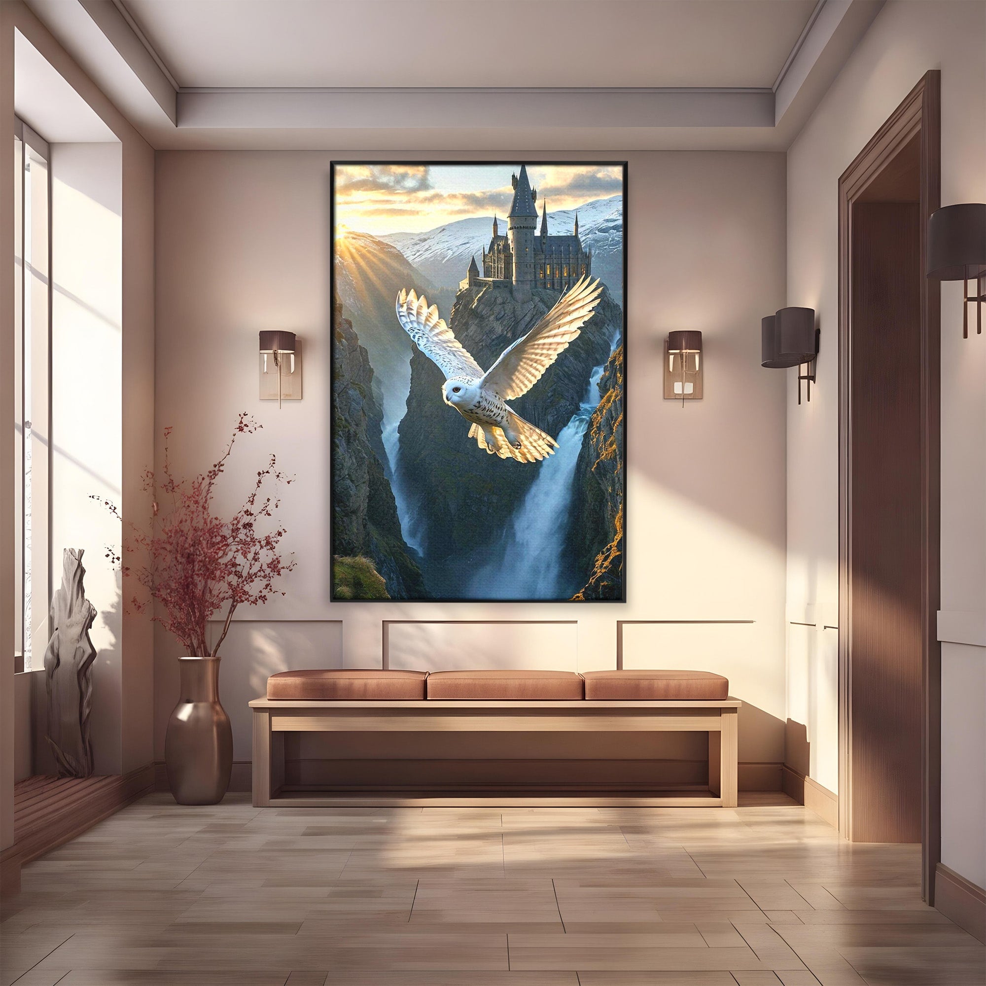 Tablou Canvas Premium LuxCanva® PI1217, Bufnita Magica, Hogwarts, Castel, Fantasy, Peisaj, Living, Culori Vibrante