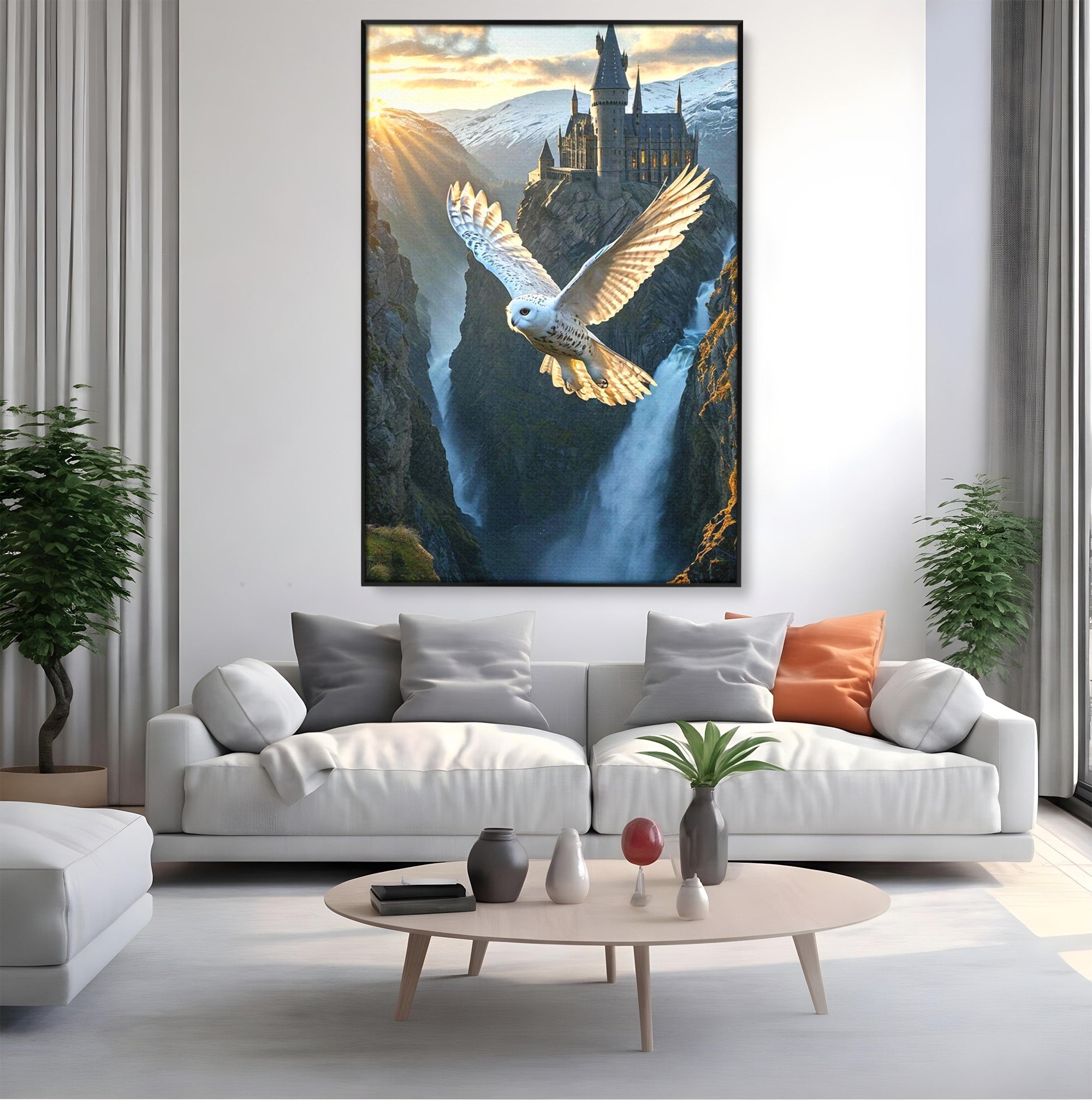 Tablou Canvas Premium LuxCanva® PI1217, Bufnita Magica, Hogwarts, Castel, Fantasy, Peisaj, Living, Culori Vibrante