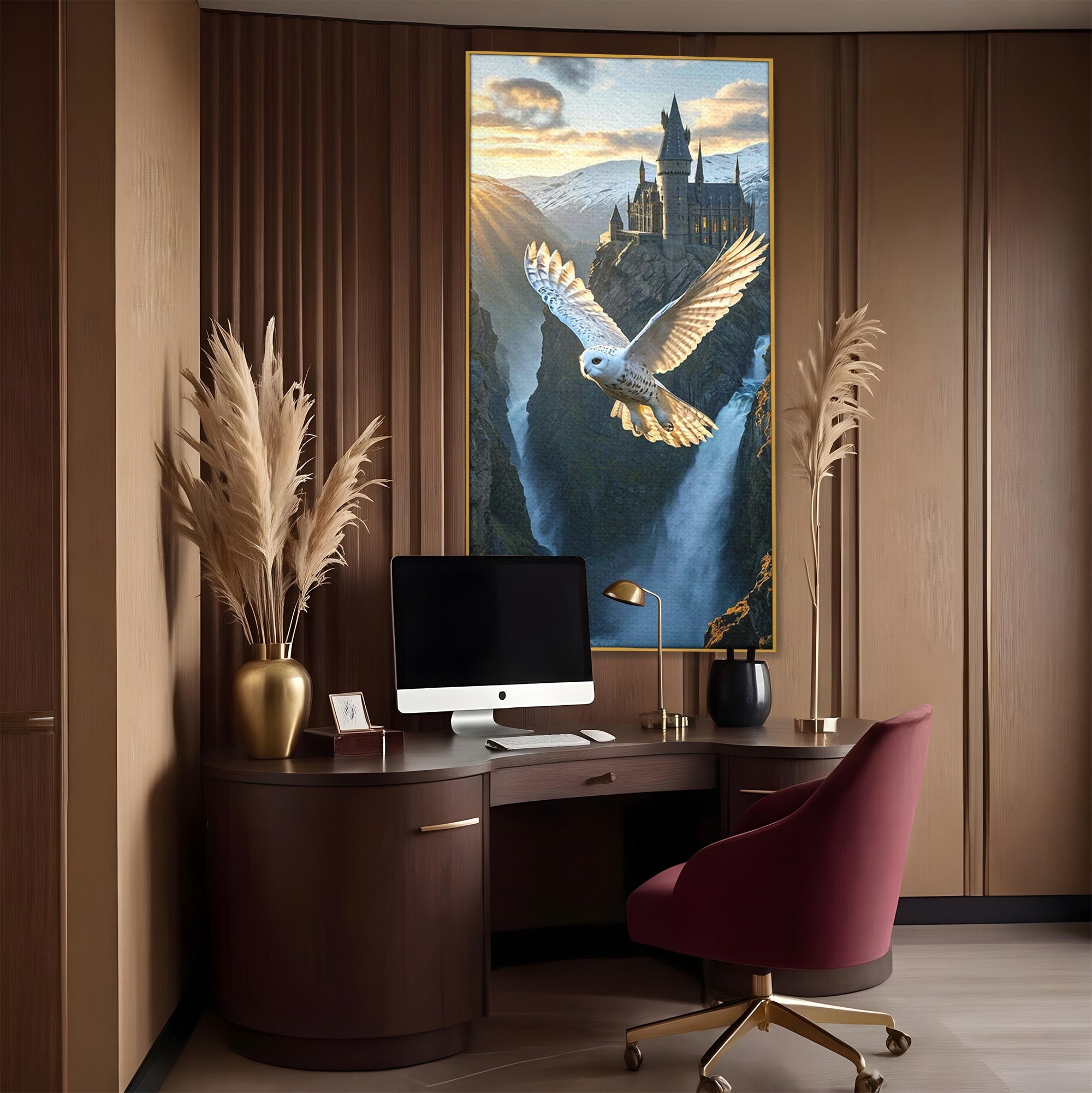 Tablou Canvas Premium LuxCanva® PI1217, Bufnita Magica, Hogwarts, Castel, Fantasy, Peisaj, Living, Culori Vibrante