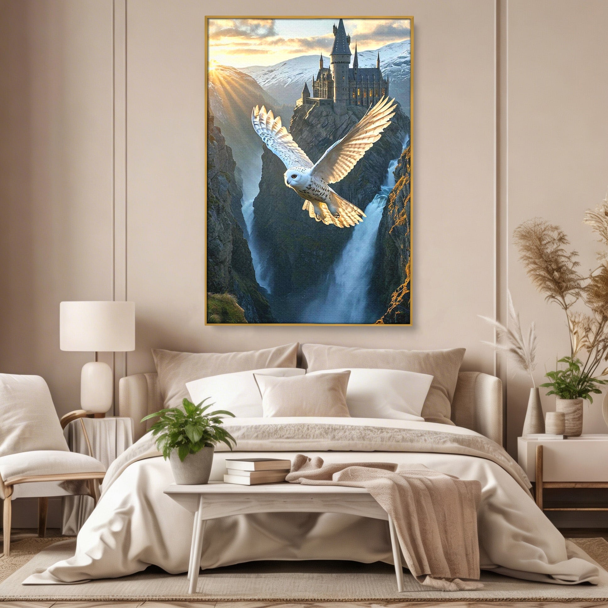 Tablou Canvas Premium LuxCanva® PI1217, Bufnita Magica, Hogwarts, Castel, Fantasy, Peisaj, Living, Culori Vibrante