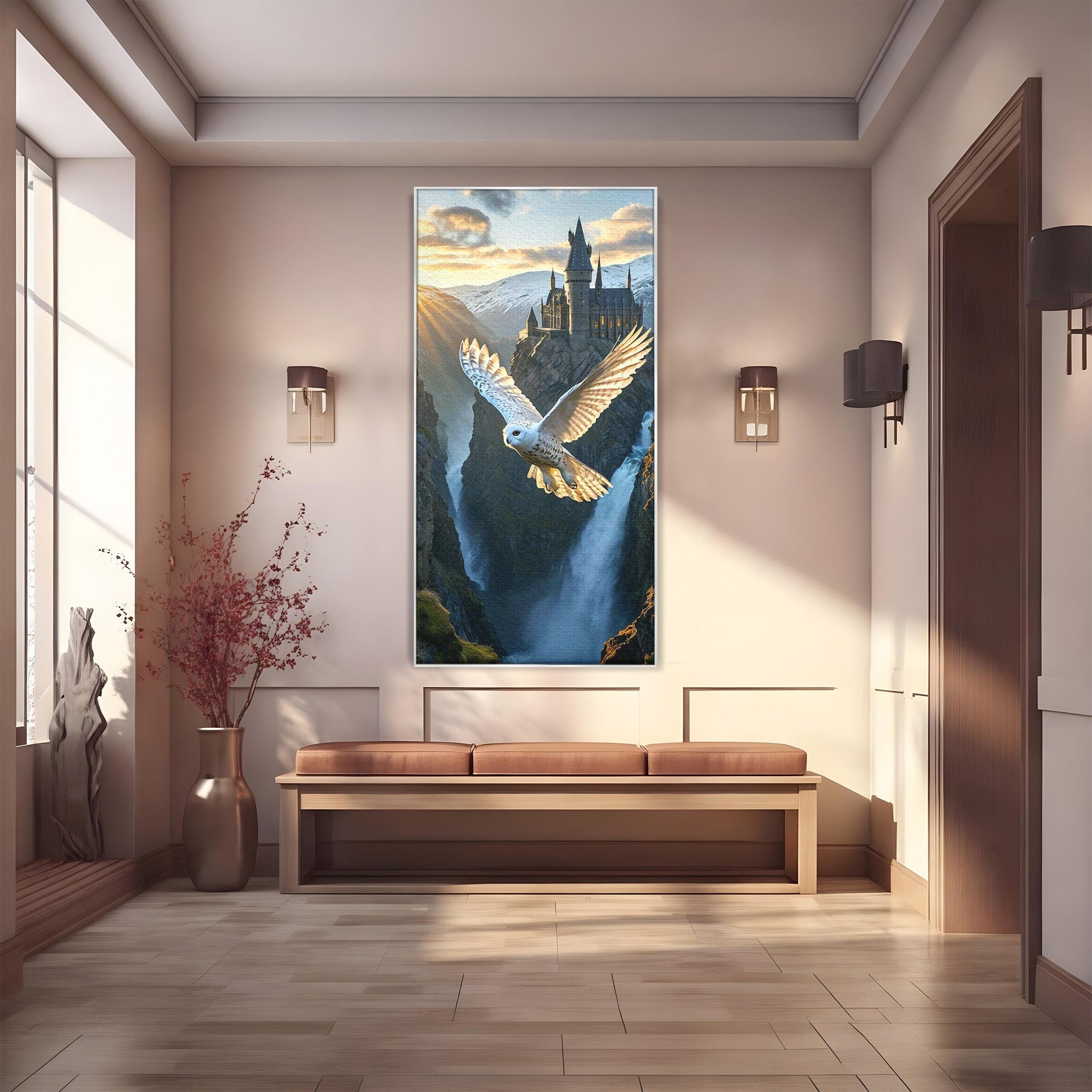 Tablou Canvas Premium LuxCanva® PI1217, Bufnita Magica, Hogwarts, Castel, Fantasy, Peisaj, Living, Culori Vibrante