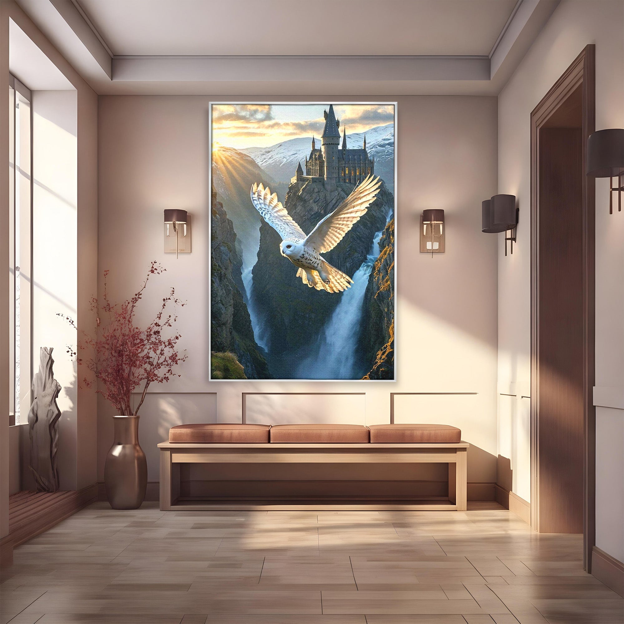 Tablou Canvas Premium LuxCanva® PI1217, Bufnita Magica, Hogwarts, Castel, Fantasy, Peisaj, Living, Culori Vibrante