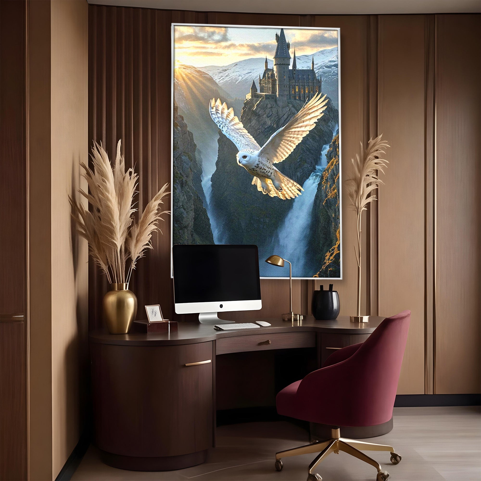 Tablou Canvas Premium LuxCanva® PI1217, Bufnita Magica, Hogwarts, Castel, Fantasy, Peisaj, Living, Culori Vibrante
