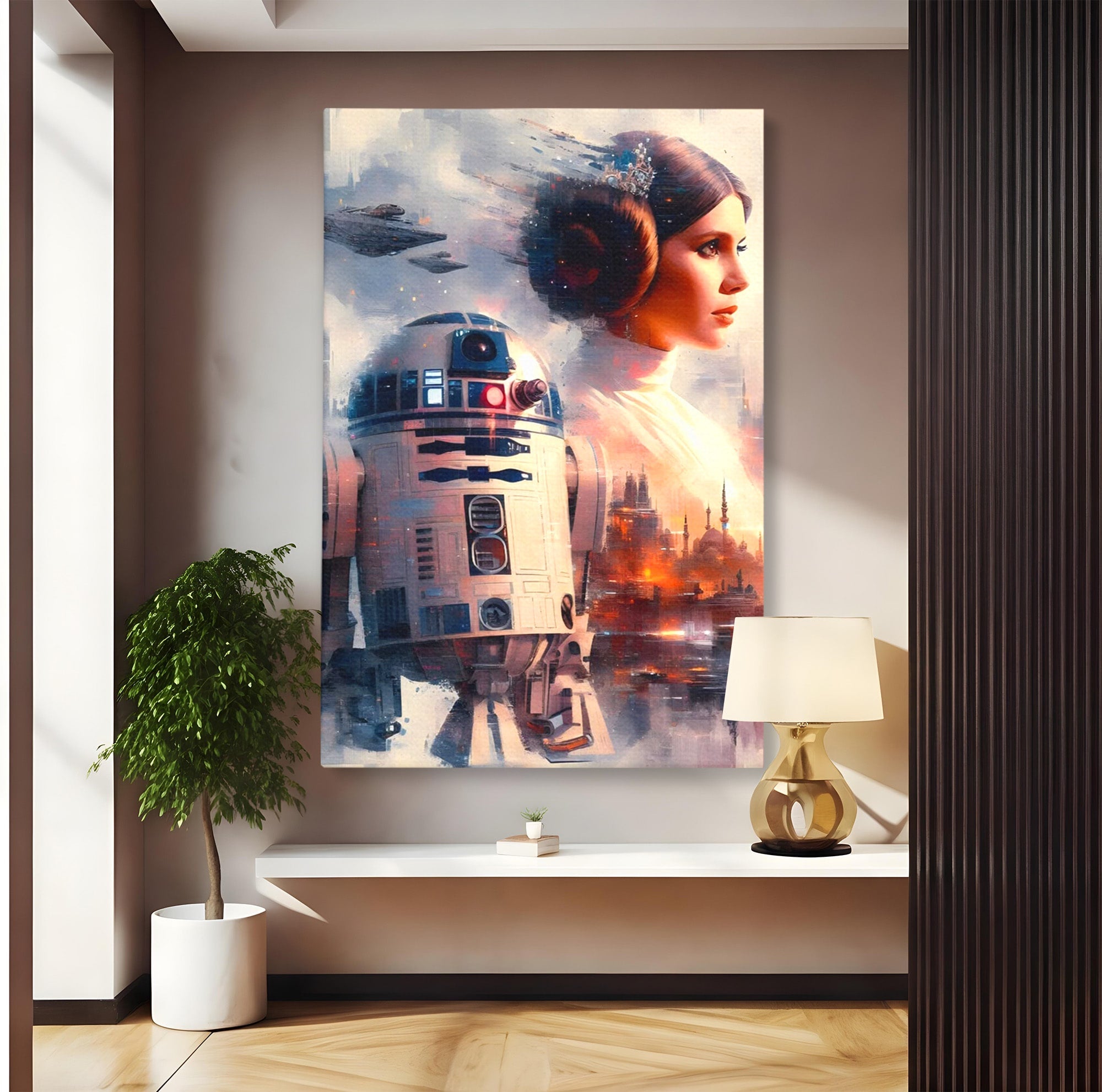 Tablou Canvas Premium LuxCanva® PI1225, Leia, Robot, Personaj, Femeie, Spatiu, Fantezie, Birou, Culori Vibrante